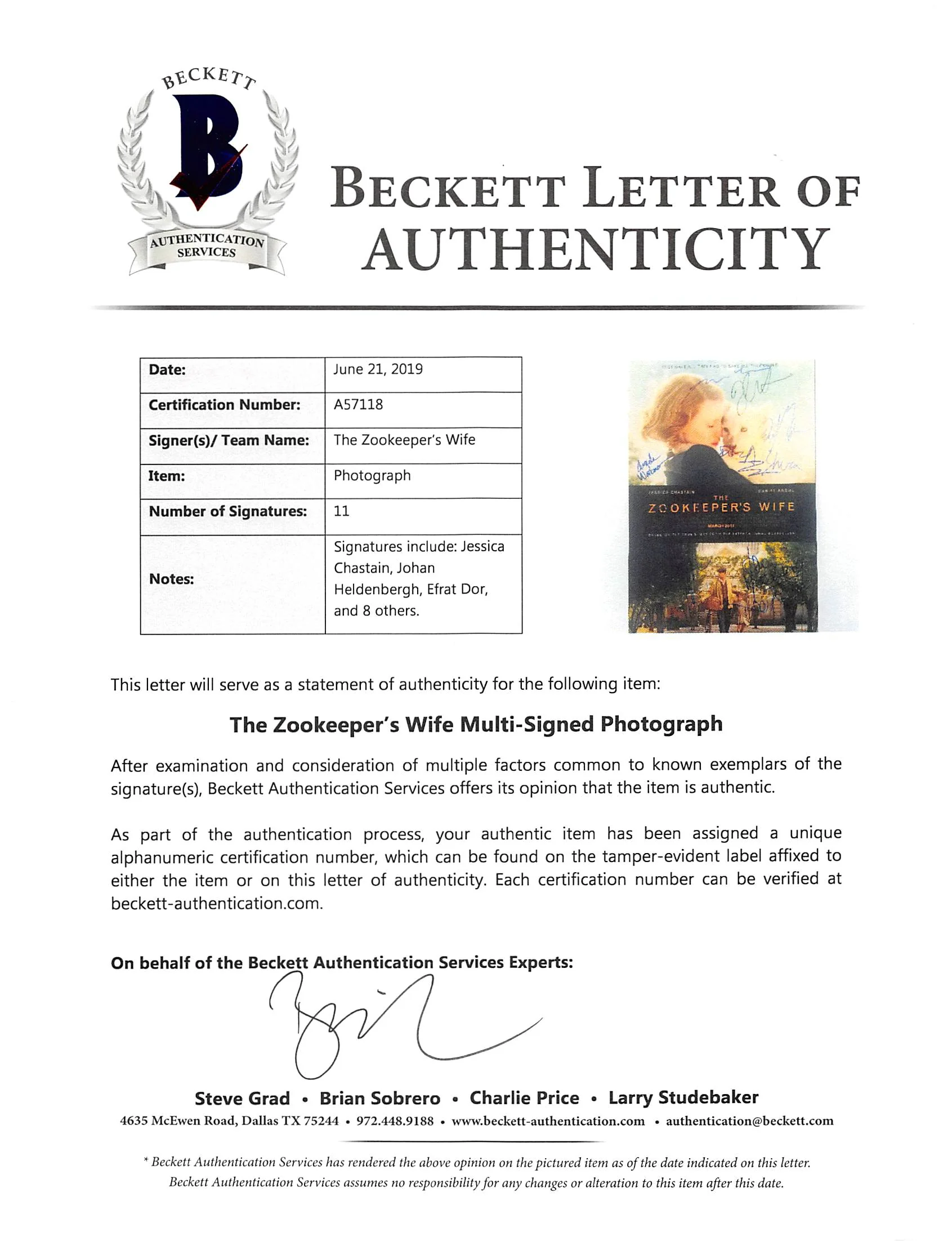The Zookeeper's Wife (11) Jessica Chastain +10 Signed 12x18 Photo BAS #A57118 - Image 5