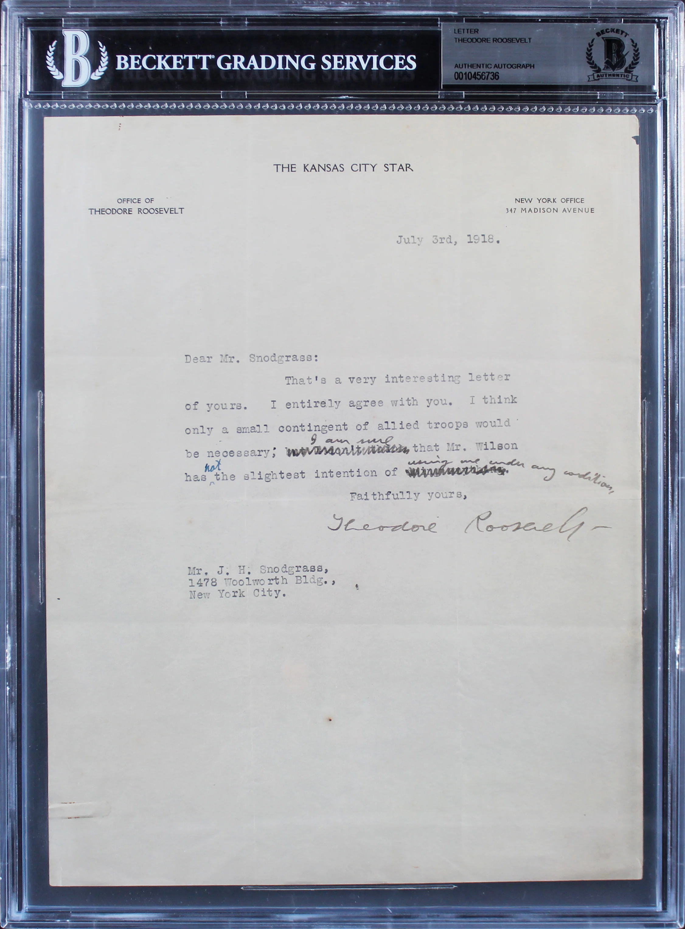 Theodore Roosevelt Authentic Signed 8.5x11 Letter Dated July 3rd, 1918 BAS Slab - Image 2
