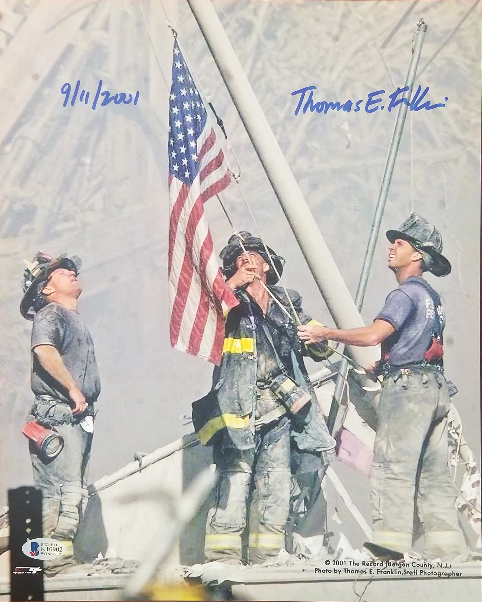 Thomas E. Franklin Signed 11x14 Firefighters Raising Flag 9/11 Photo BAS - Image 2