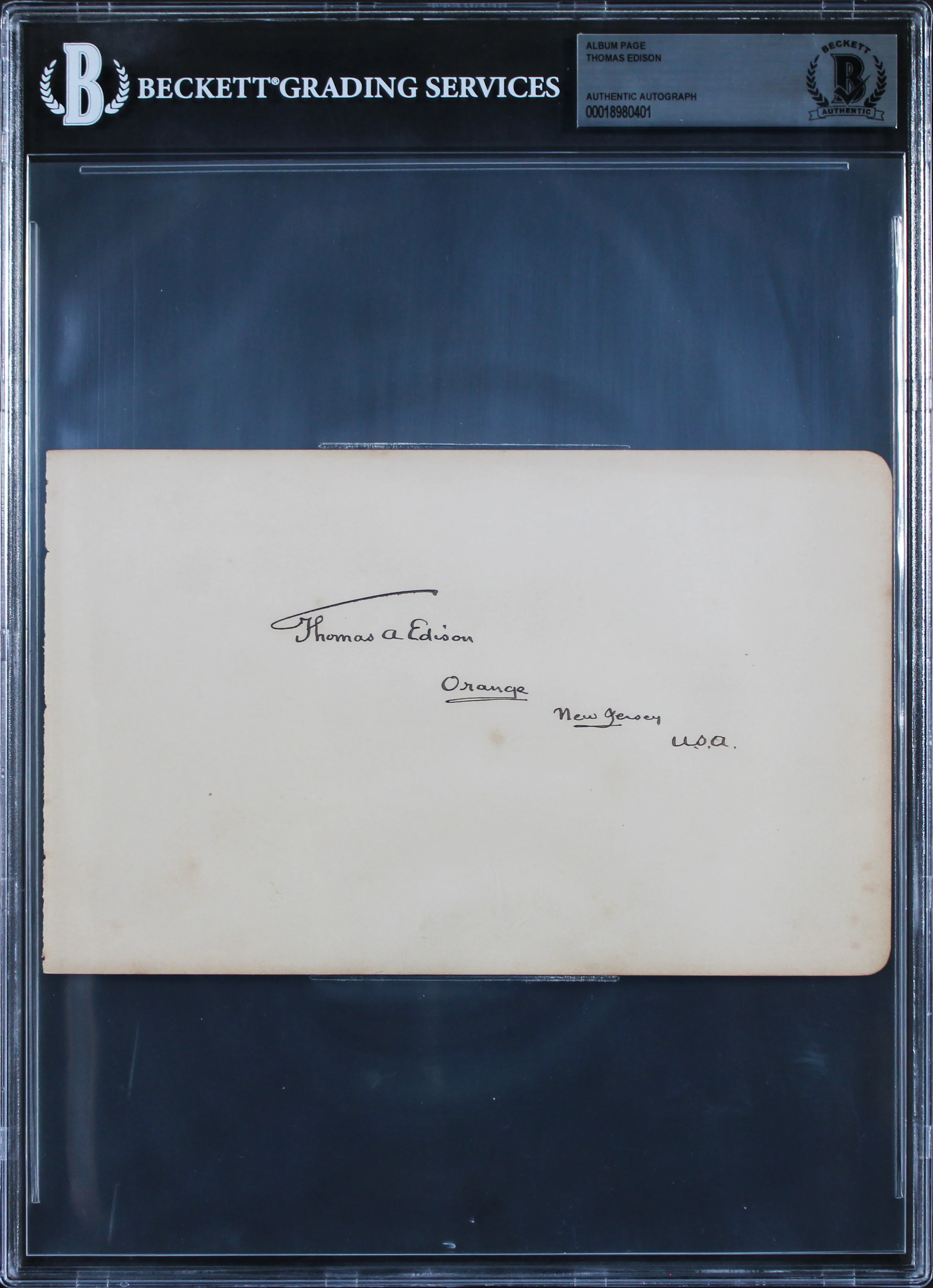 Thomas Edison "Orange New Jersey U.S.A." Signed 5x8 Album Page BAS Slabbed - Image 2