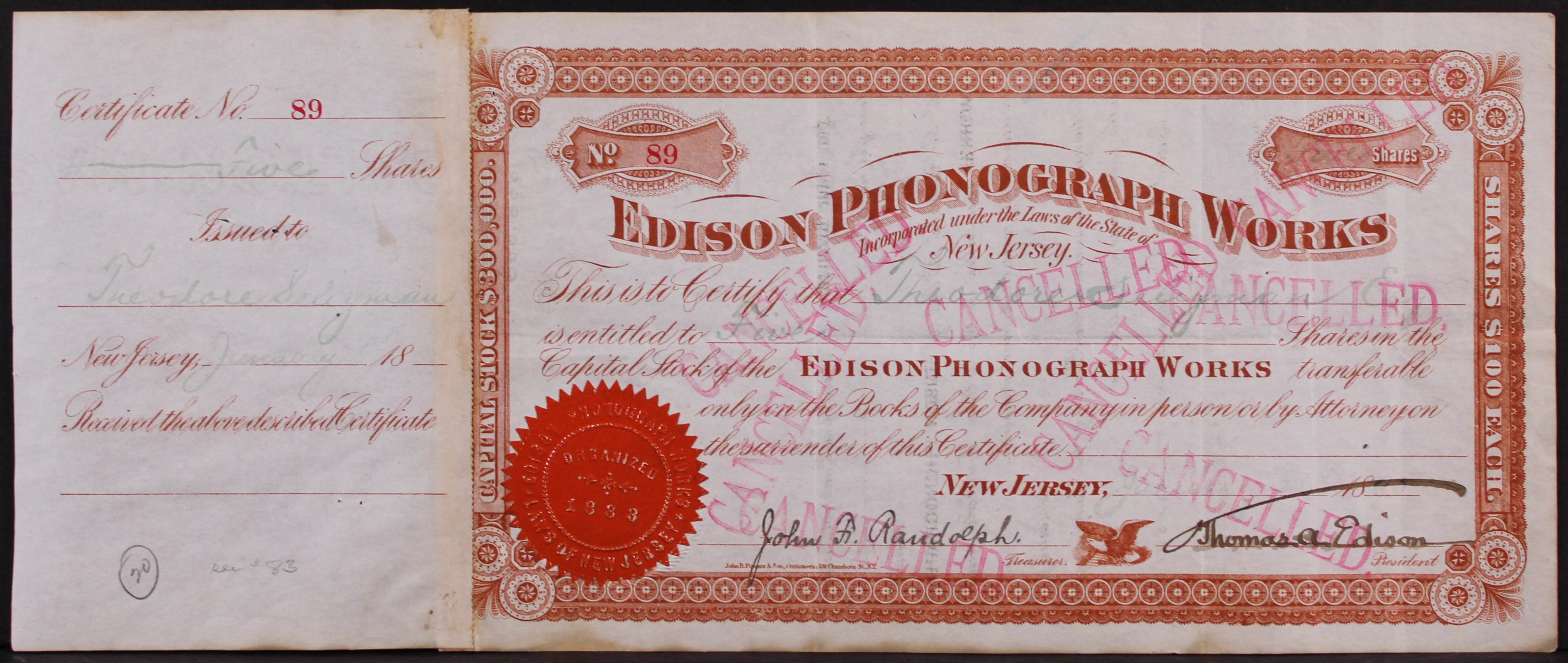 Thomas Edison Signed 5.75x14 Phonograph Works Stock Certificate BAS #AE13289 - Image 2