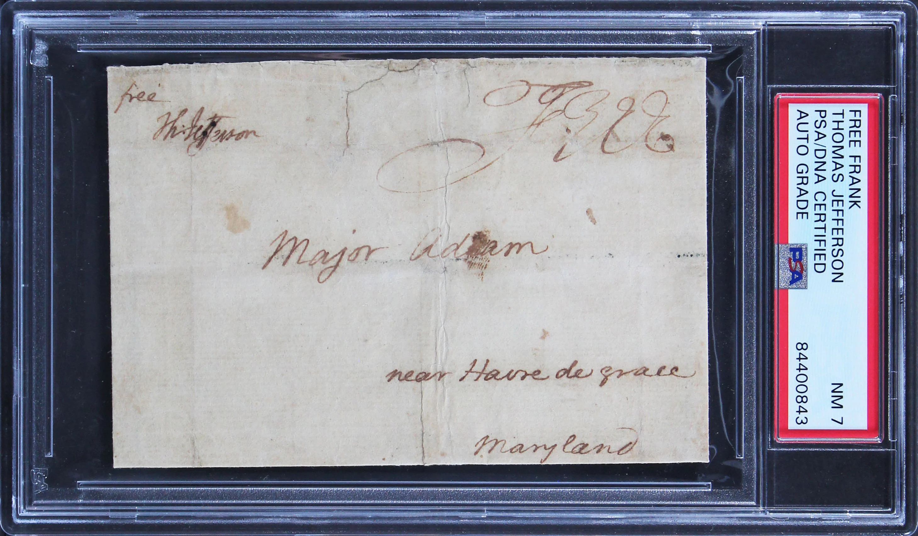 Thomas Jefferson Authentic Signed 3.25x4.65 Free Frank Auto NM 7 PSA/DNA Slabbed - Image 2