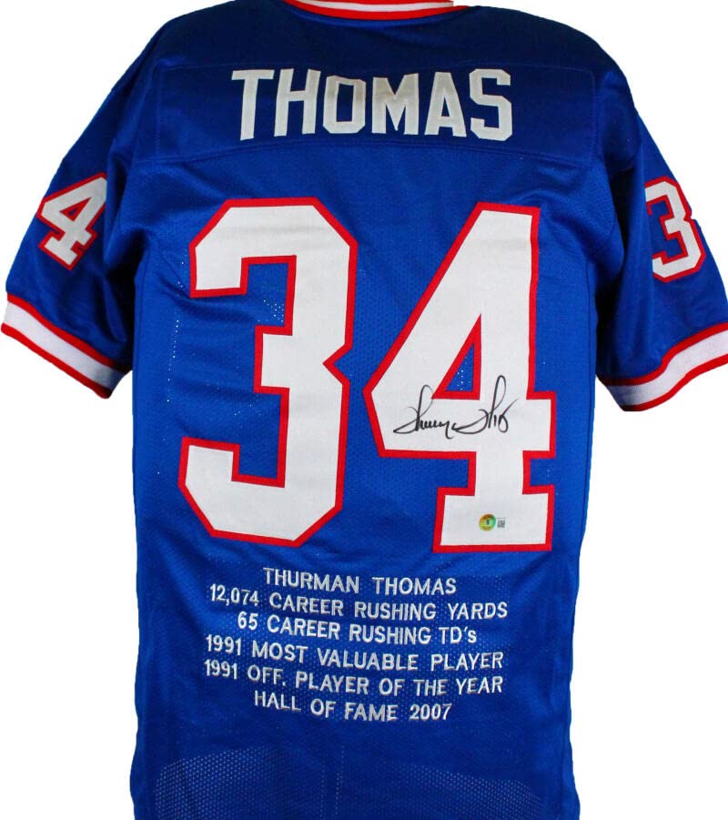 Thurman Thomas Autographed Blue Pro Style JSTAT Jersey-Beckett W Hologram *Black - Image 6