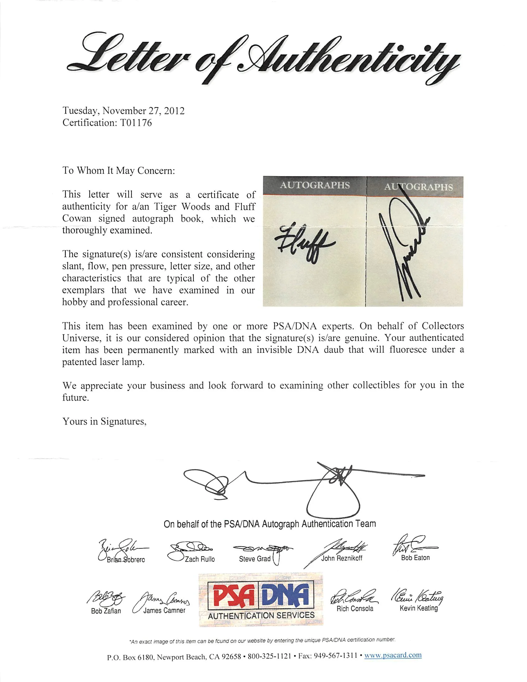 Tiger Woods & Mike "Fluff" Cowan Signed Phoenix Open Autograph Book PSA #T01176 - Image 7