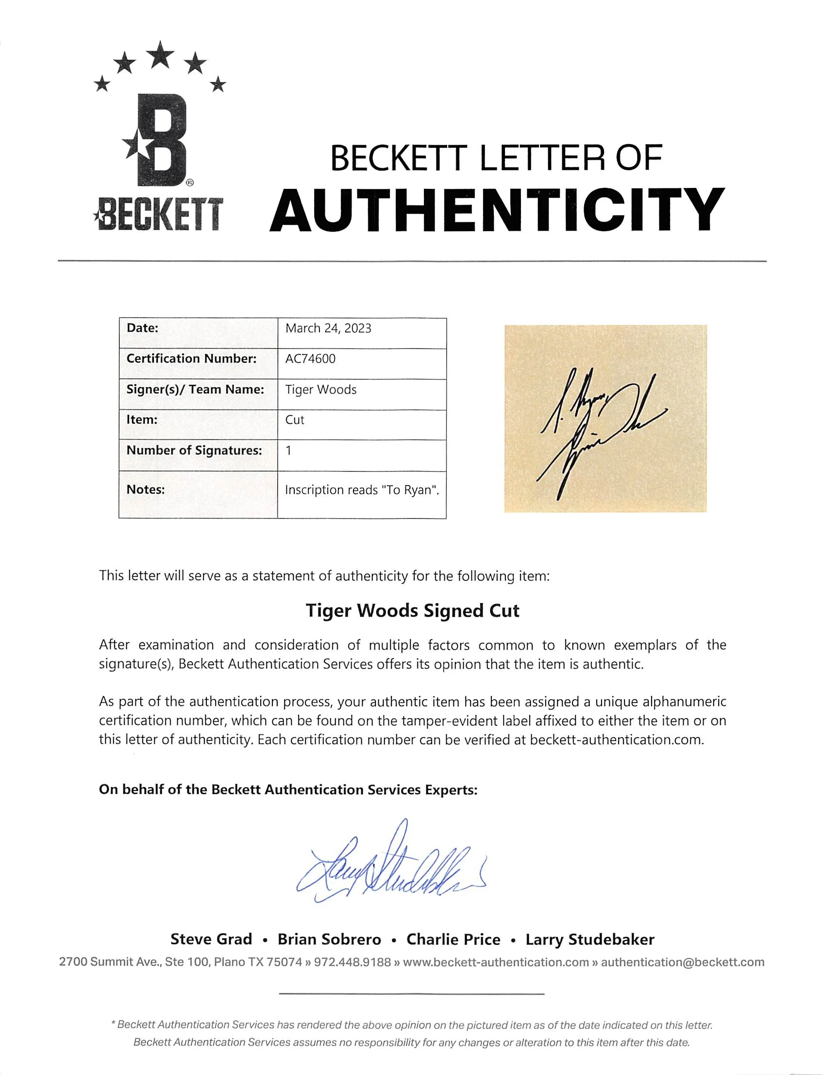 Tiger Woods "To Tim" Authentic Signed 6.75x10.35 Cut Signature BAS #AC74600 - Image 5