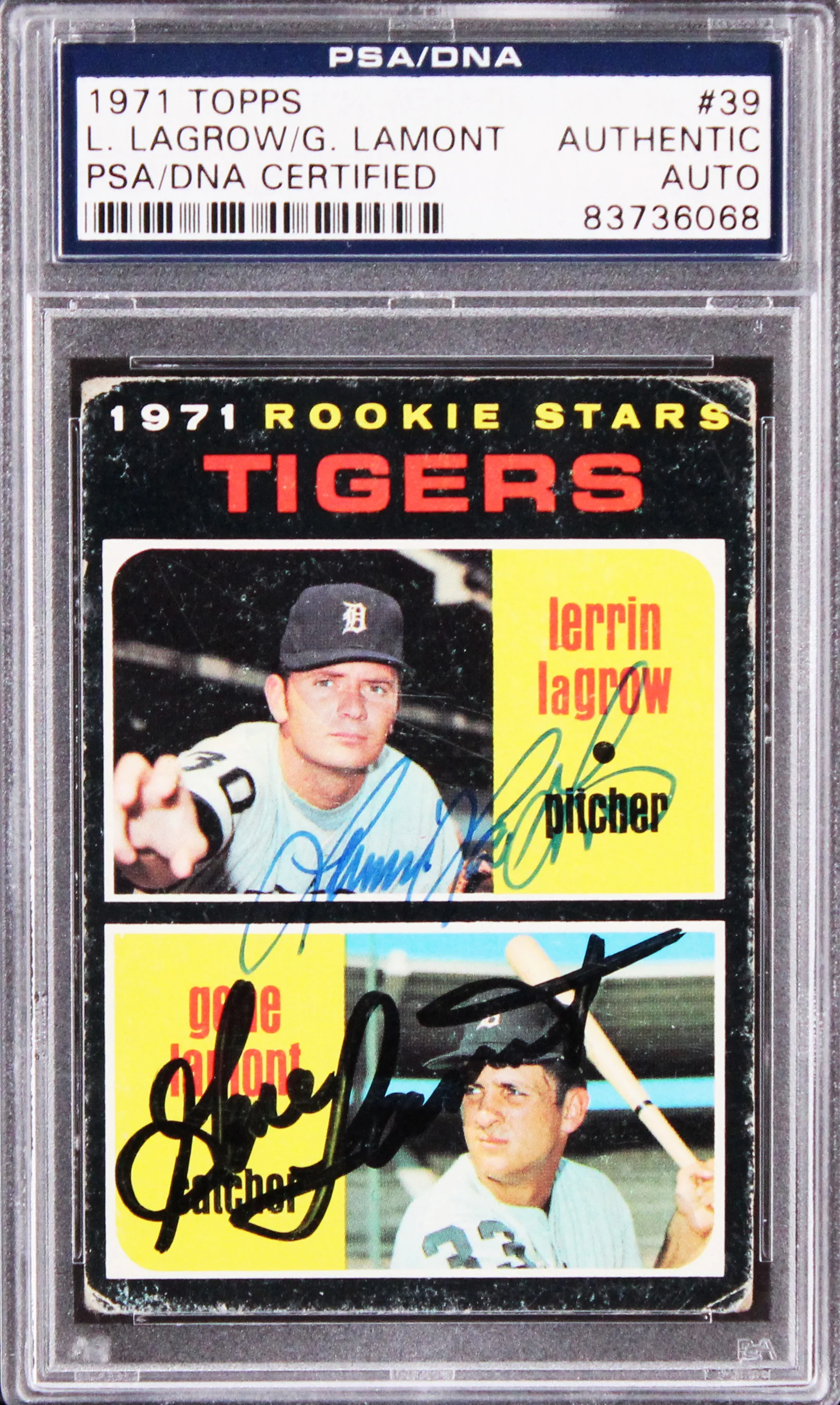 Tigers Gene Lamont & Lerrin Lagrow Authentic Signed 1971 Topps #39 Card PSA Slab - Image 2