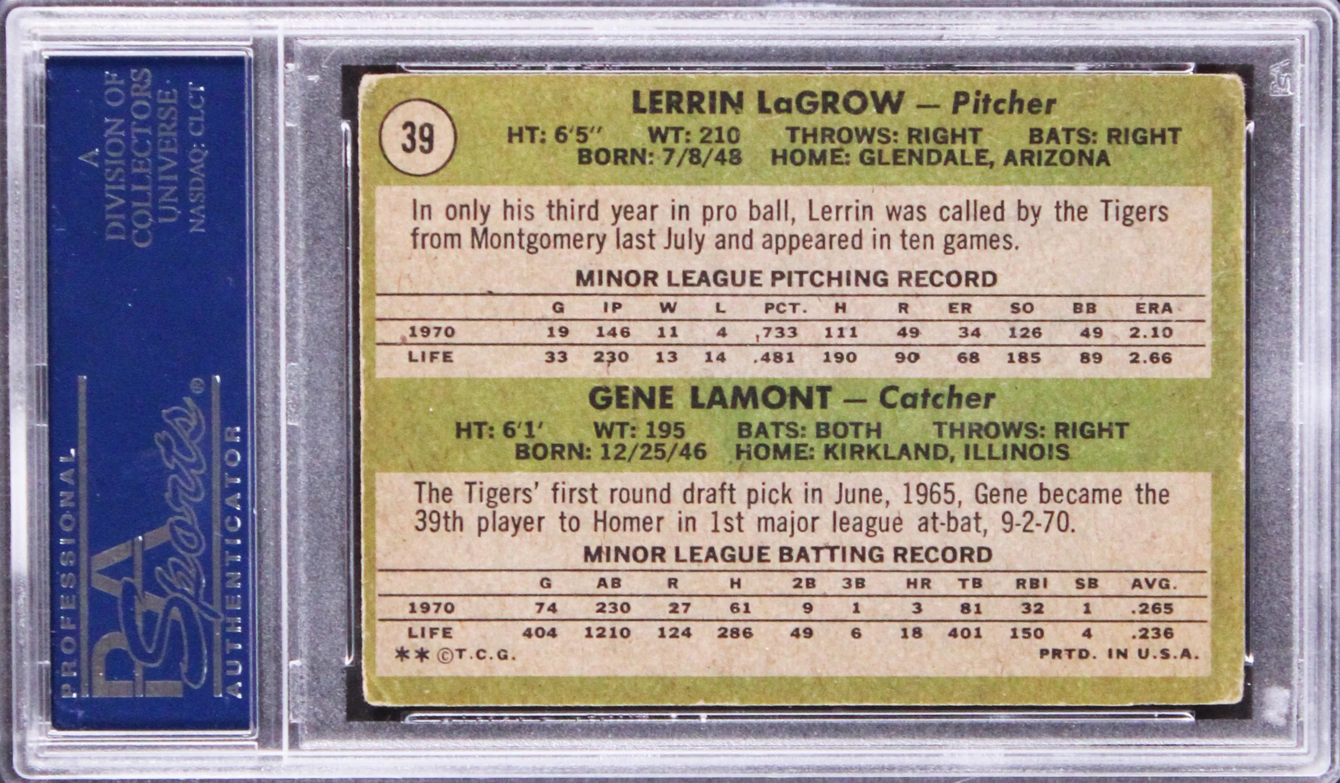 Tigers Gene Lamont & Lerrin Lagrow Authentic Signed 1971 Topps #39 Card PSA Slab - Image 3
