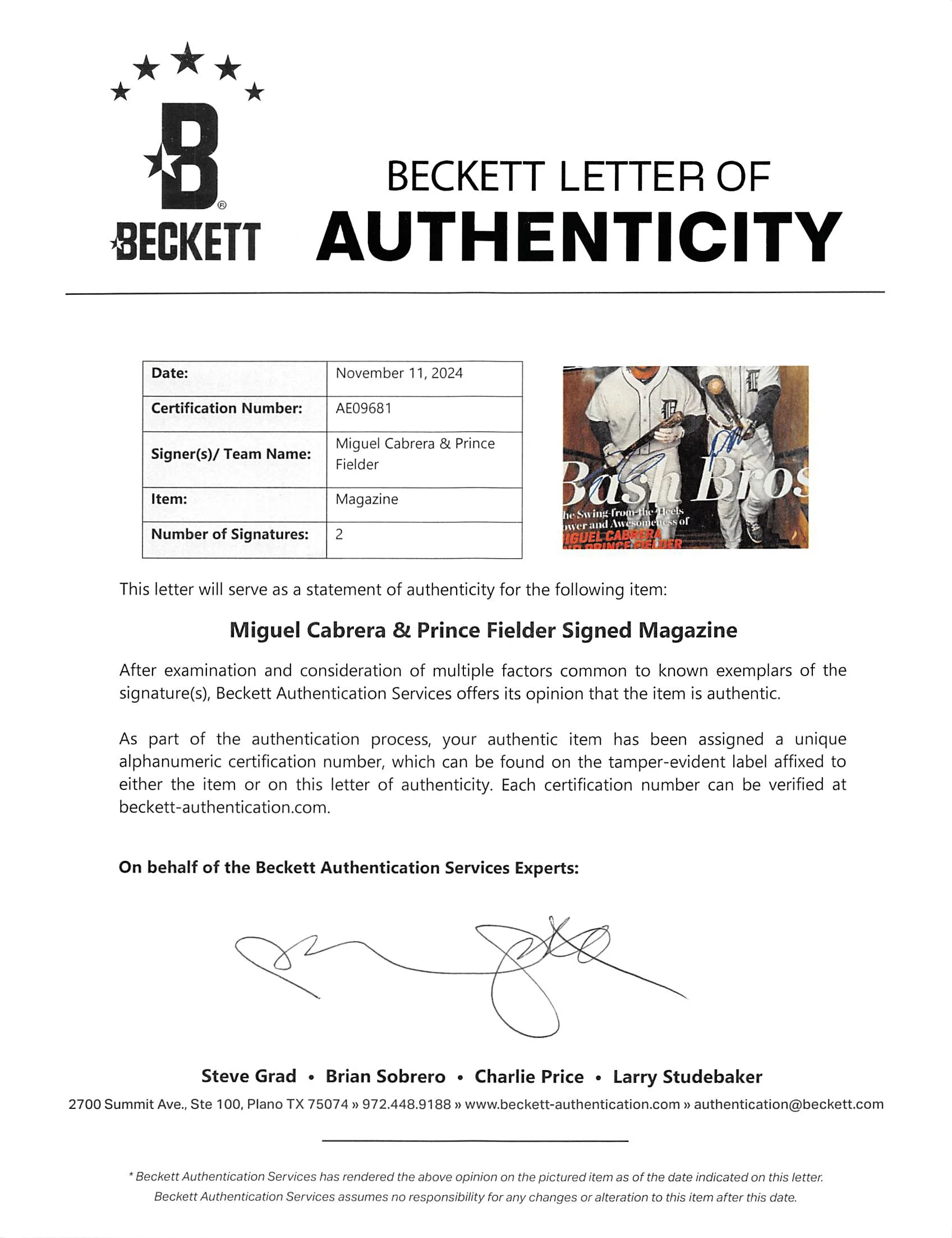 Tigers Miguel Cabrera & Prince Fielder Signed Sports Illustrated Magazine BAS - Image 6