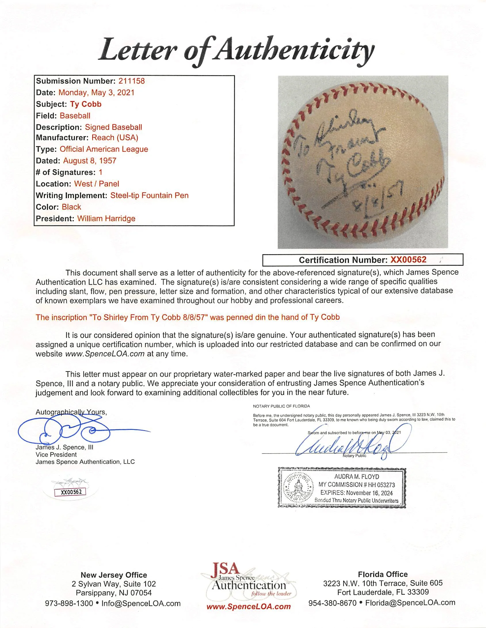 Tigers Ty Cobb To Shirley From 8/8/57 Authentic Signed Oal Baseball JSA #XX00562 - Image 8