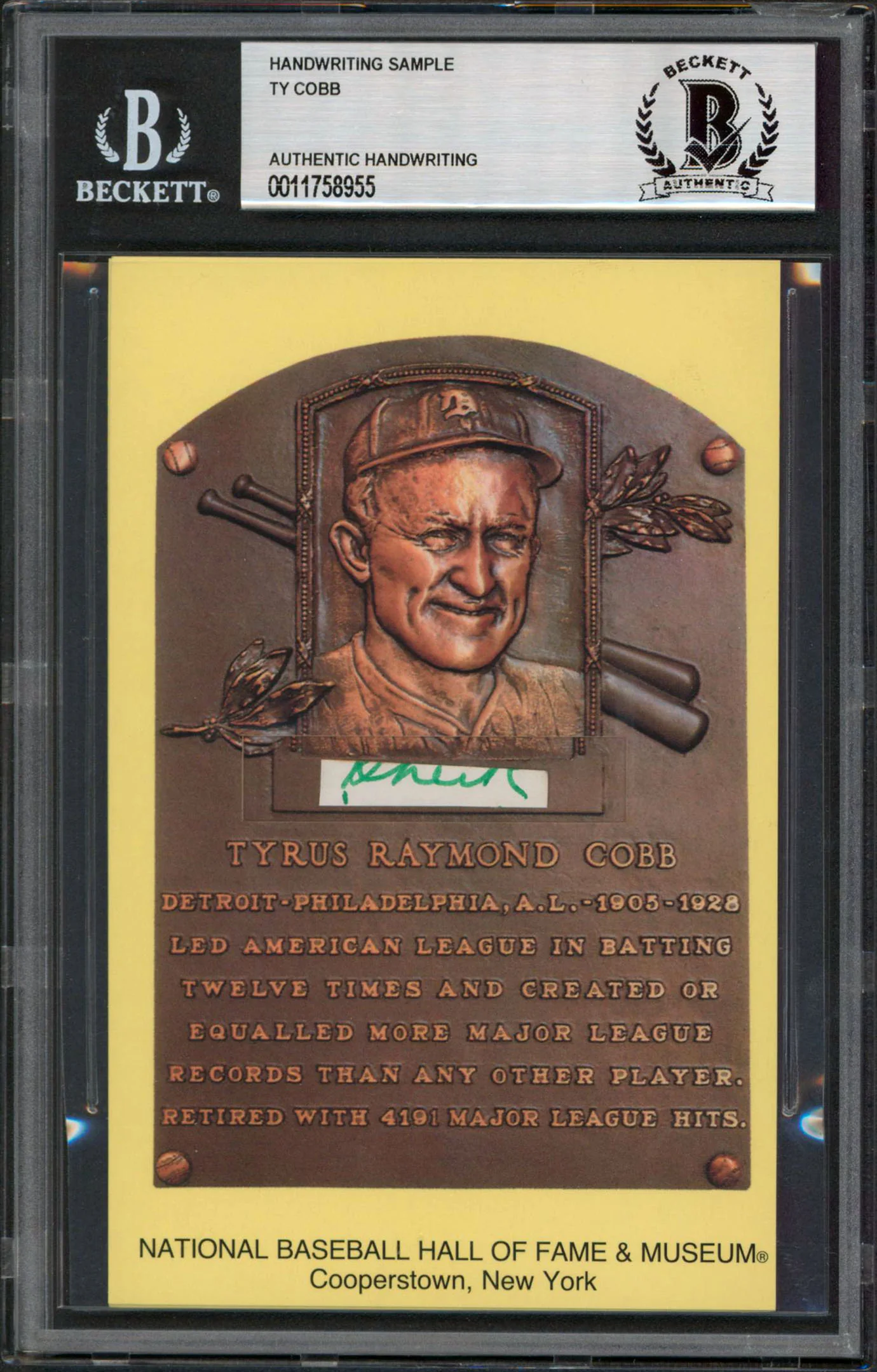 Tigers Ty Cobb Writing Sample 3.5x5.5 HOF Plaque Postcard BAS Slabbed 1 - Image 2