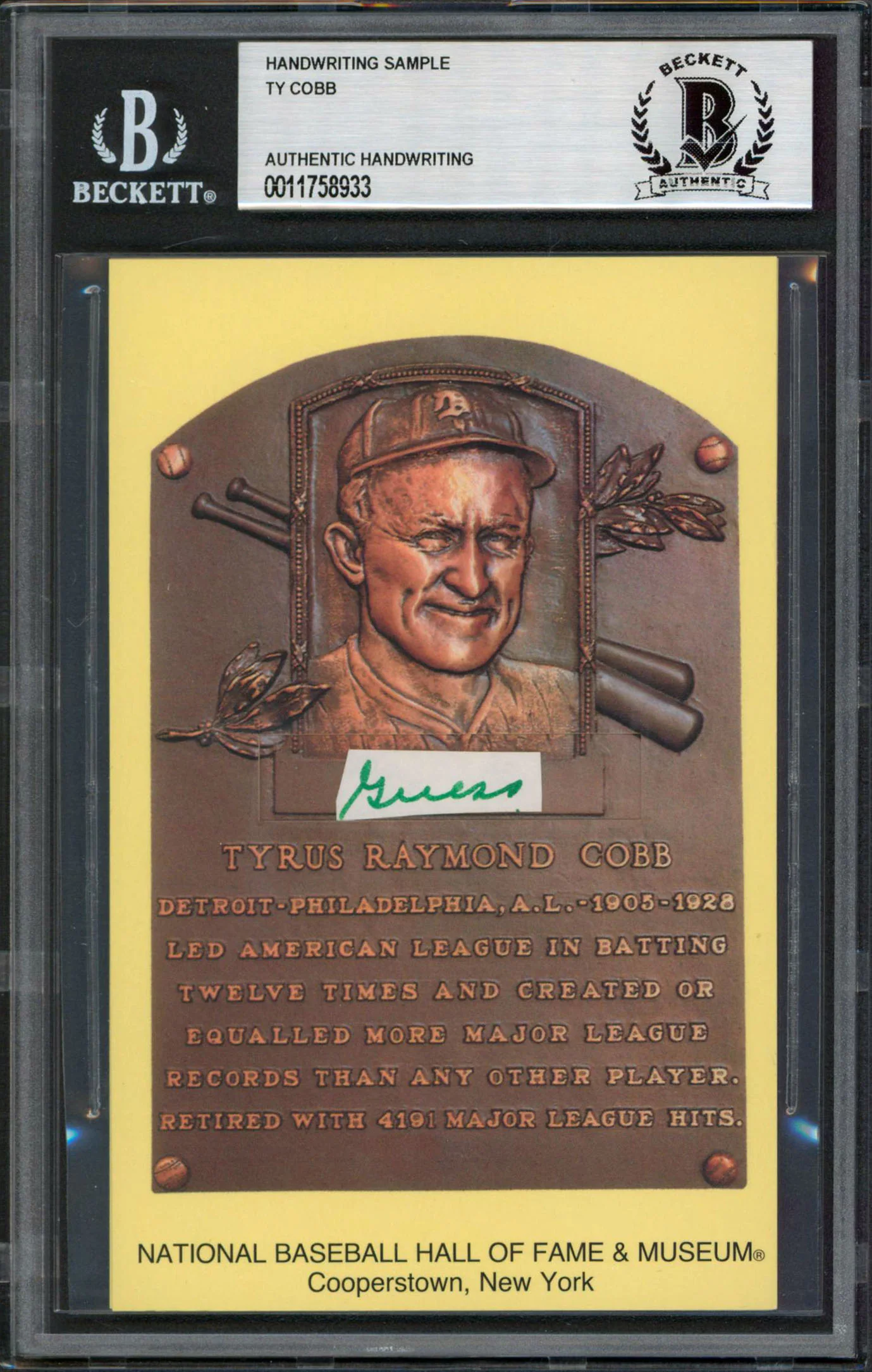 Tigers Ty Cobb Writing Sample 3.5x5.5 HOF Plaque Postcard BAS Slabbed 11 - Image 2