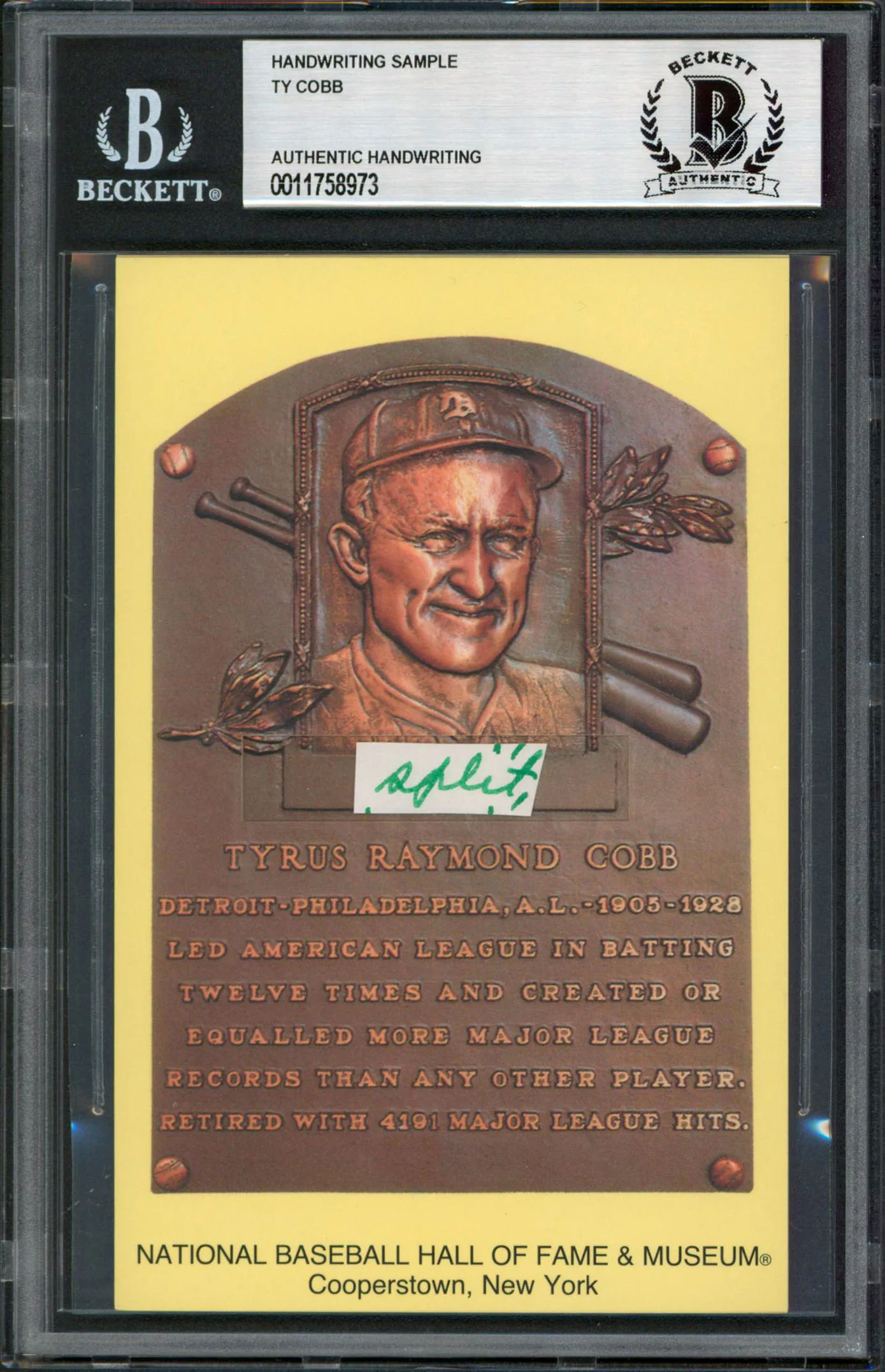 Tigers Ty Cobb Writing Sample 3.5x5.5 HOF Plaque Postcard BAS Slabbed 13 - Image 2