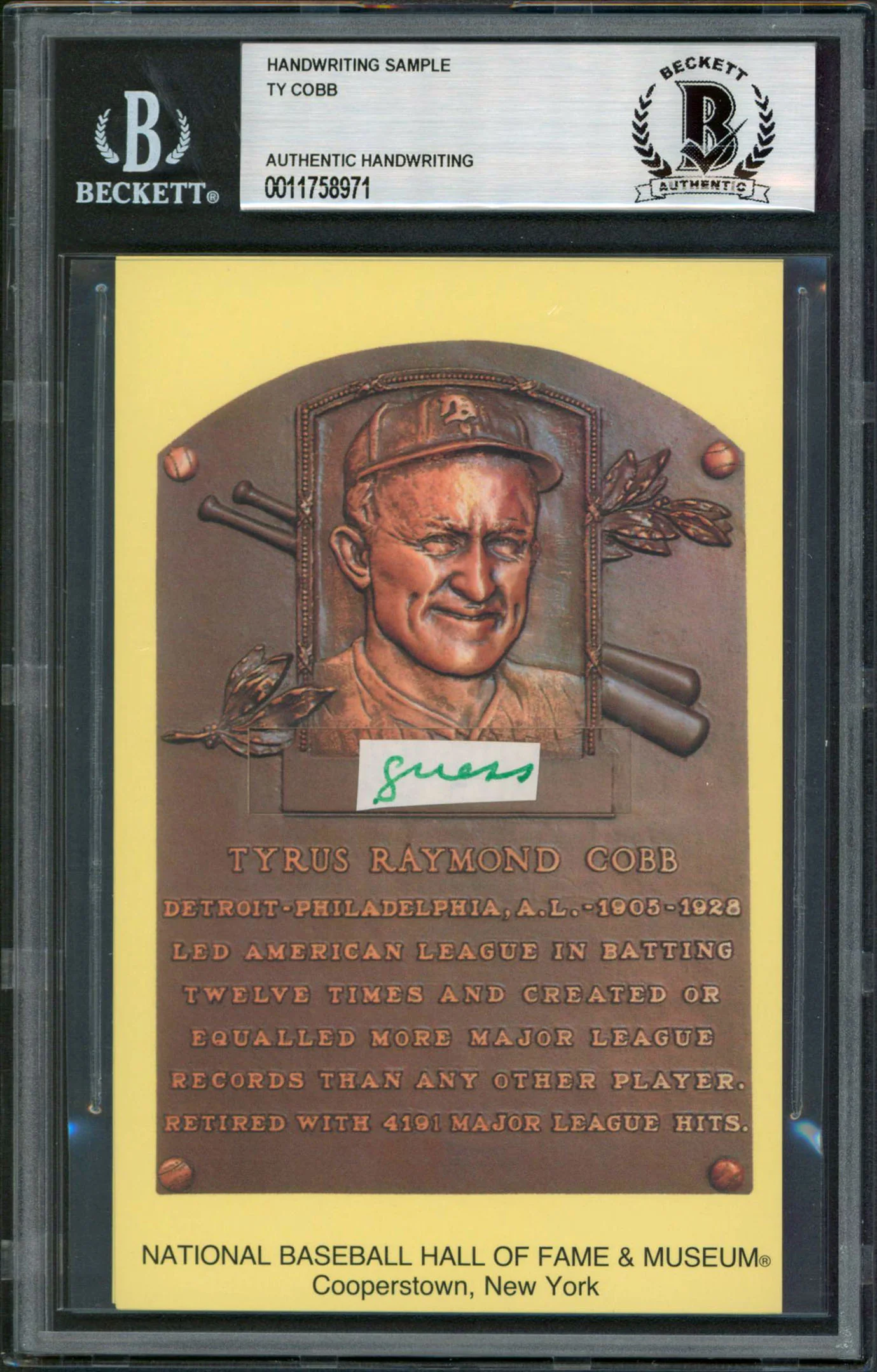 Tigers Ty Cobb Writing Sample 3.5x5.5 HOF Plaque Postcard BAS Slabbed 15 - Image 2