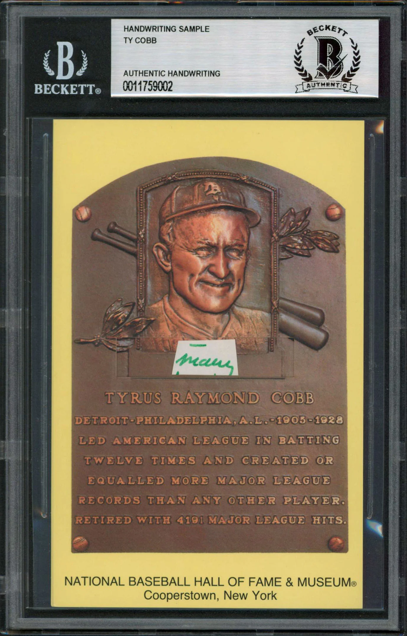 Tigers Ty Cobb Writing Sample 3.5x5.5 HOF Plaque Postcard BAS Slabbed 23 - Image 2