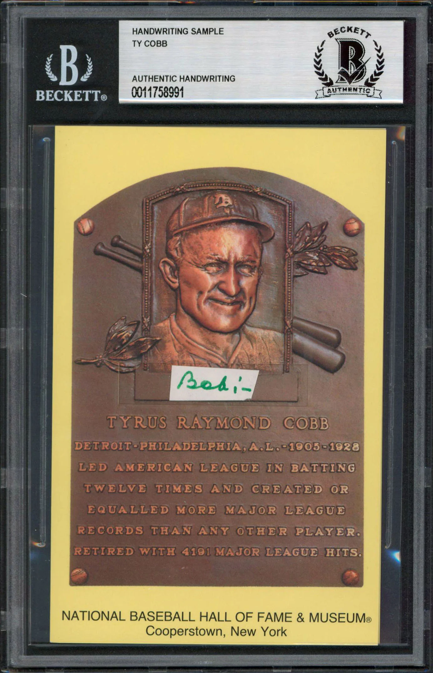 Tigers Ty Cobb Writing Sample 3.5x5.5 HOF Plaque Postcard BAS Slabbed 27 - Image 2