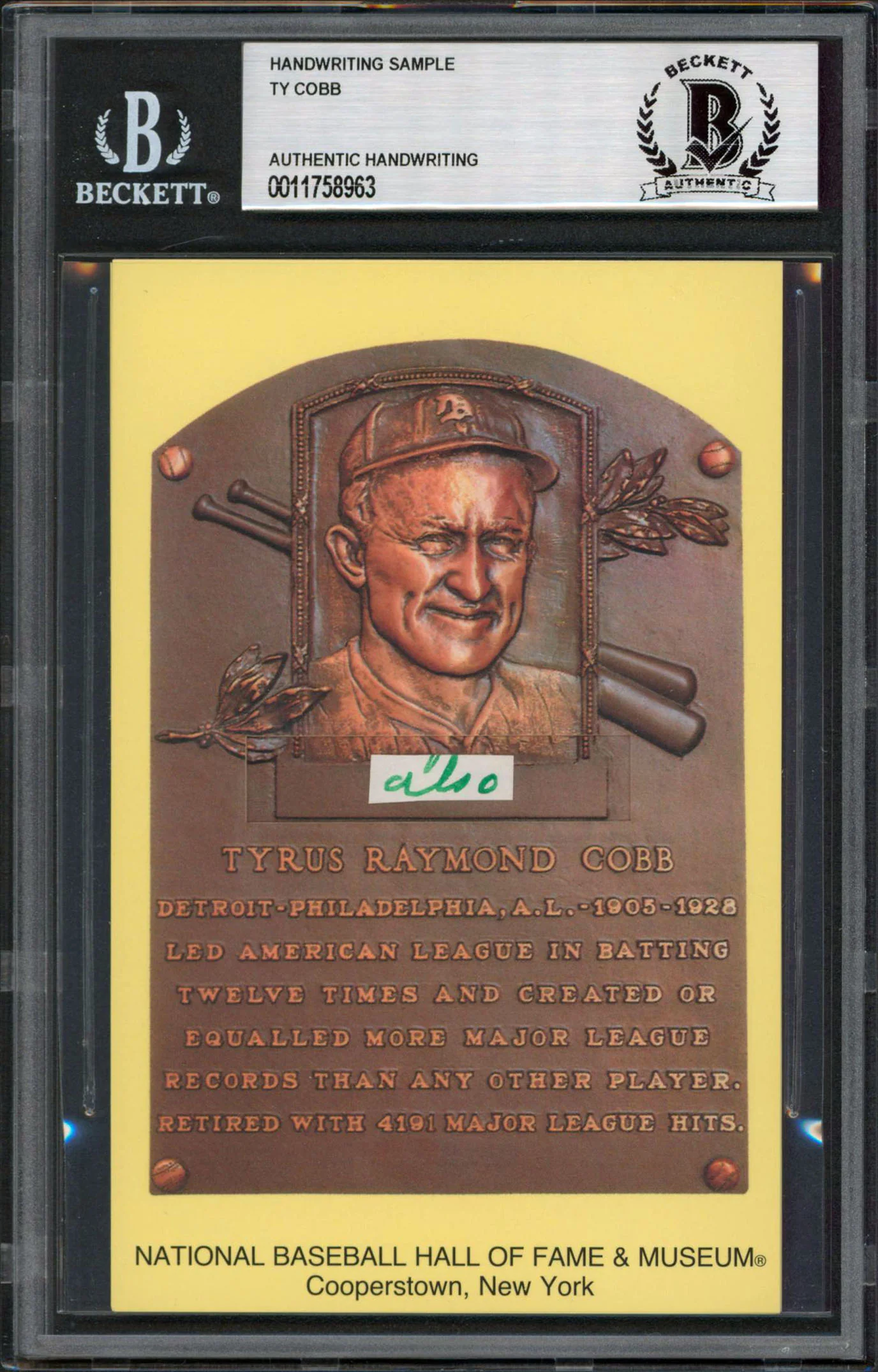 Tigers Ty Cobb Writing Sample 3.5x5.5 HOF Plaque Postcard BAS Slabbed 32 - Image 2