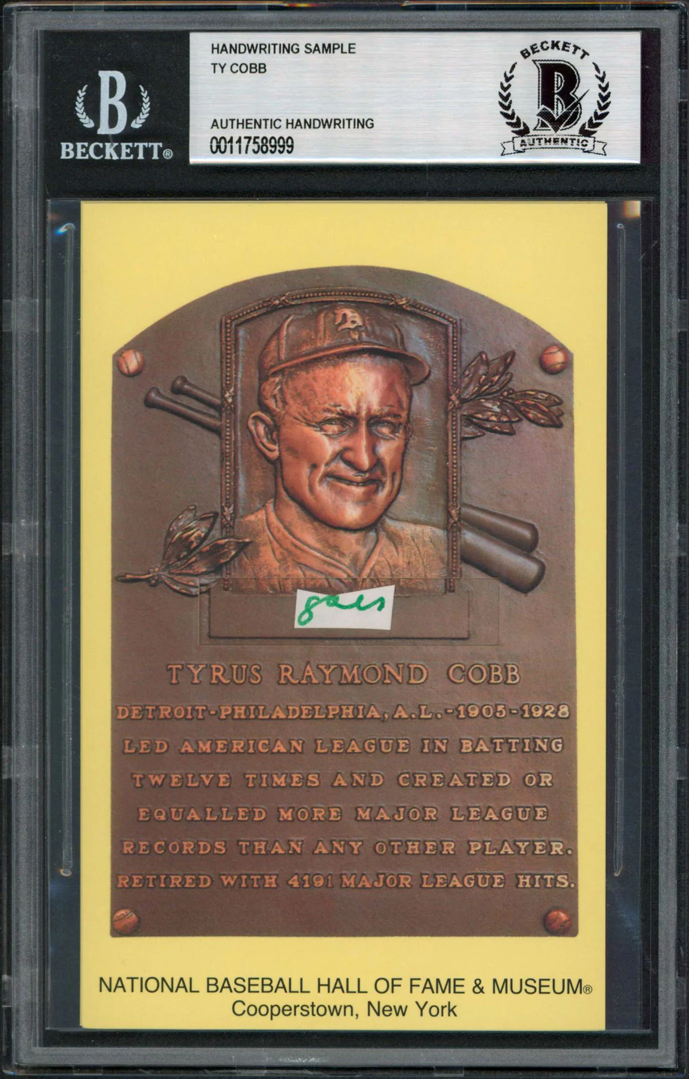 Tigers Ty Cobb Writing Sample 3.5x5.5 HOF Plaque Postcard BAS Slabbed 39 - Image 2