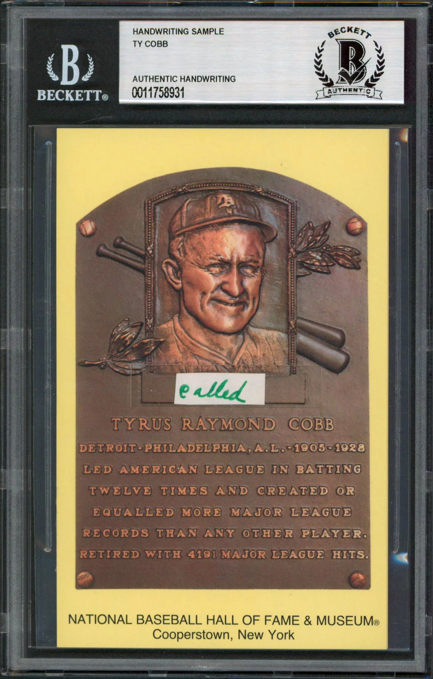 Tigers Ty Cobb Writing Sample 3.5x5.5 HOF Plaque Postcard BAS Slabbed 6 - Image 2