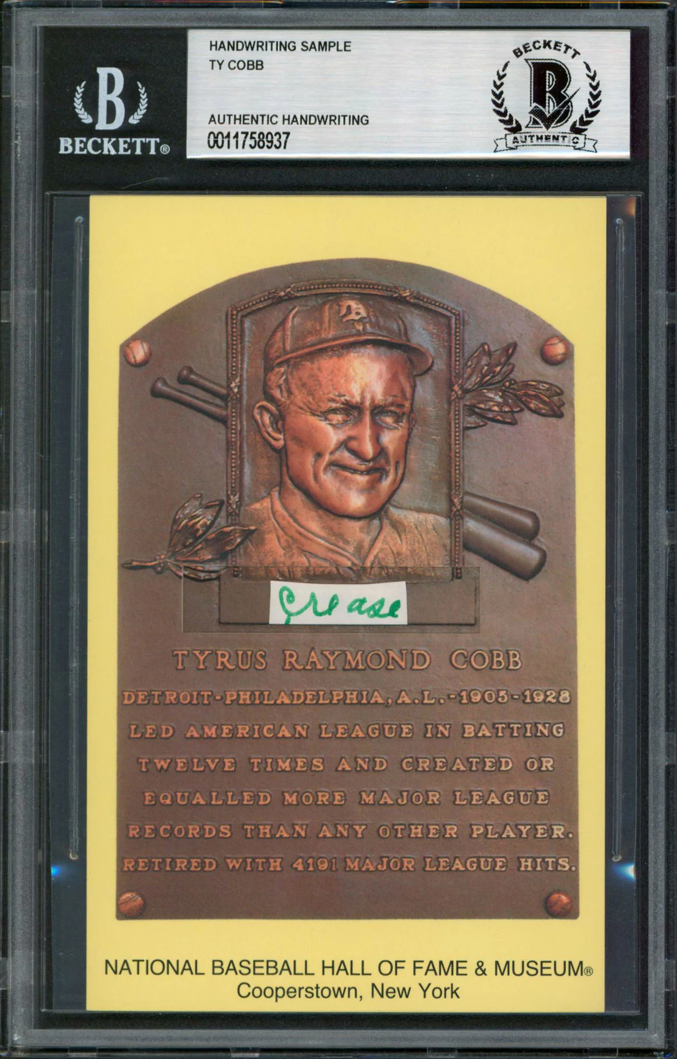 Tigers Ty Cobb Writing Sample 3.5x5.5 HOF Plaque Postcard BAS Slabbed 7 - Image 2