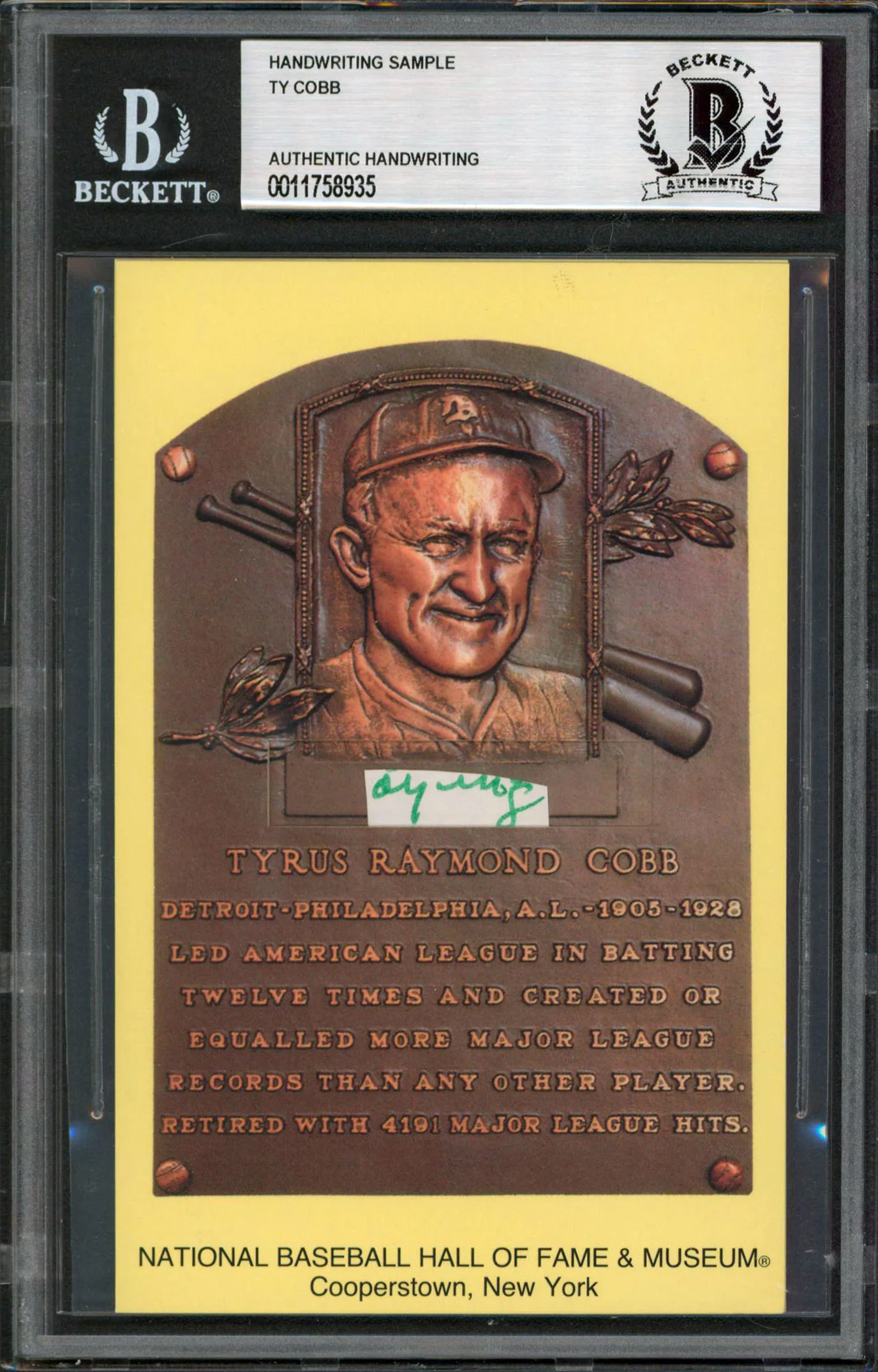 Tigers Ty Cobb Writing Sample 3.5x5.5 HOF Plaque Postcard BAS Slabbed 9 - Image 2