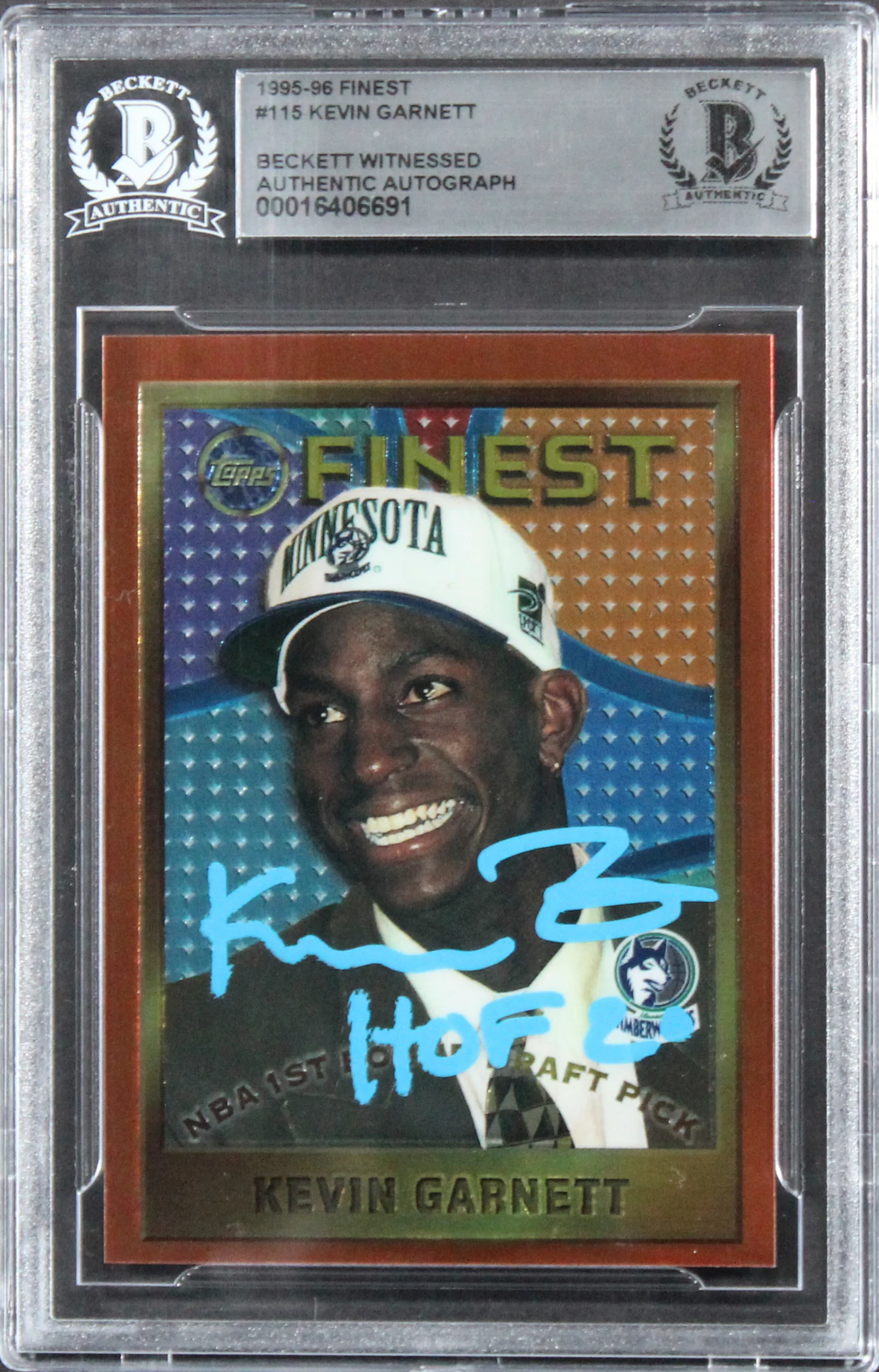 Timberwolves Kevin Garnett "HOF 2020" Signed 1995 Finest #115 RC Card BAS Slab