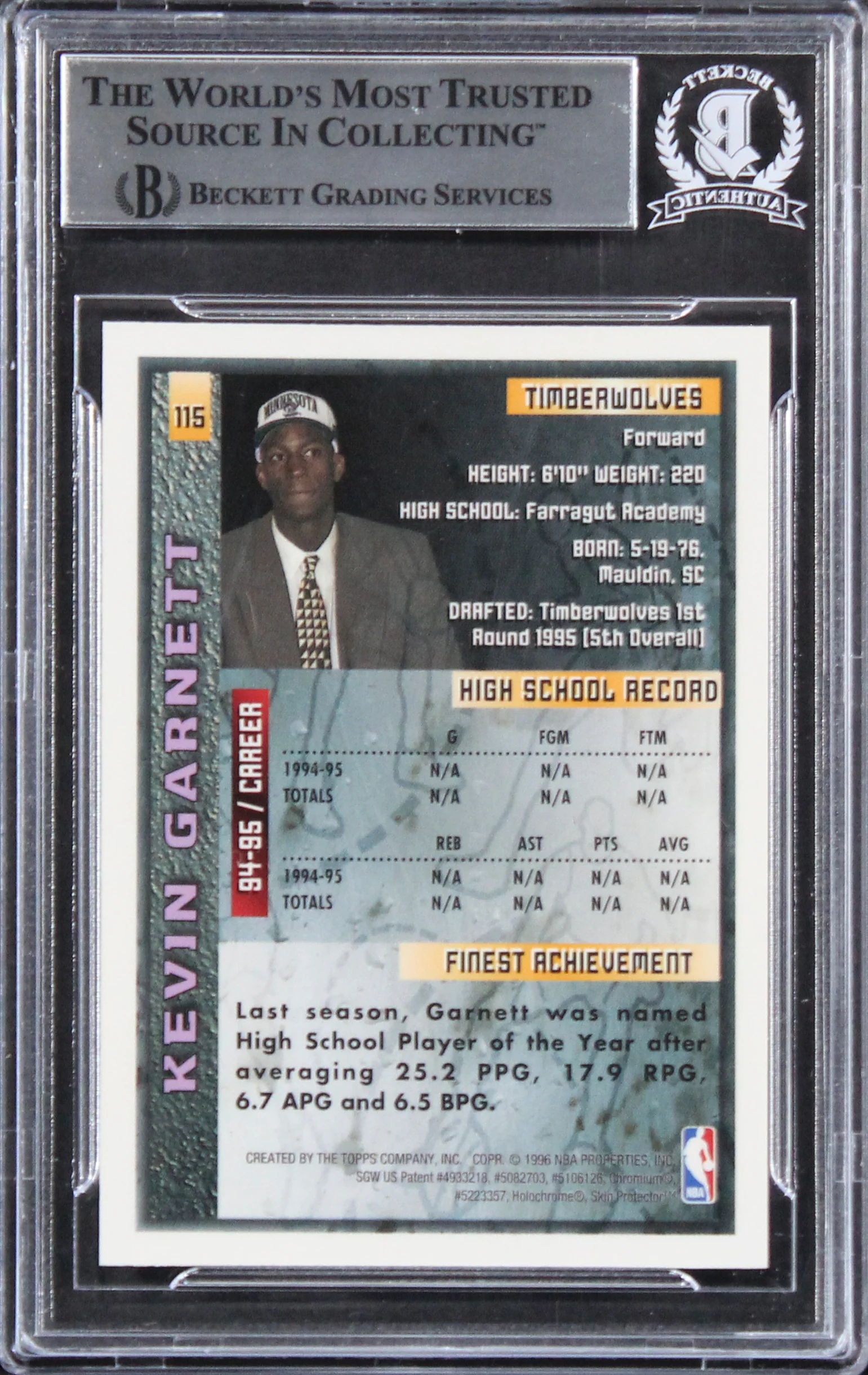 Timberwolves Kevin Garnett "HOF 2020" Signed 1995 Finest #115 RC Card BAS Slab - Image 3