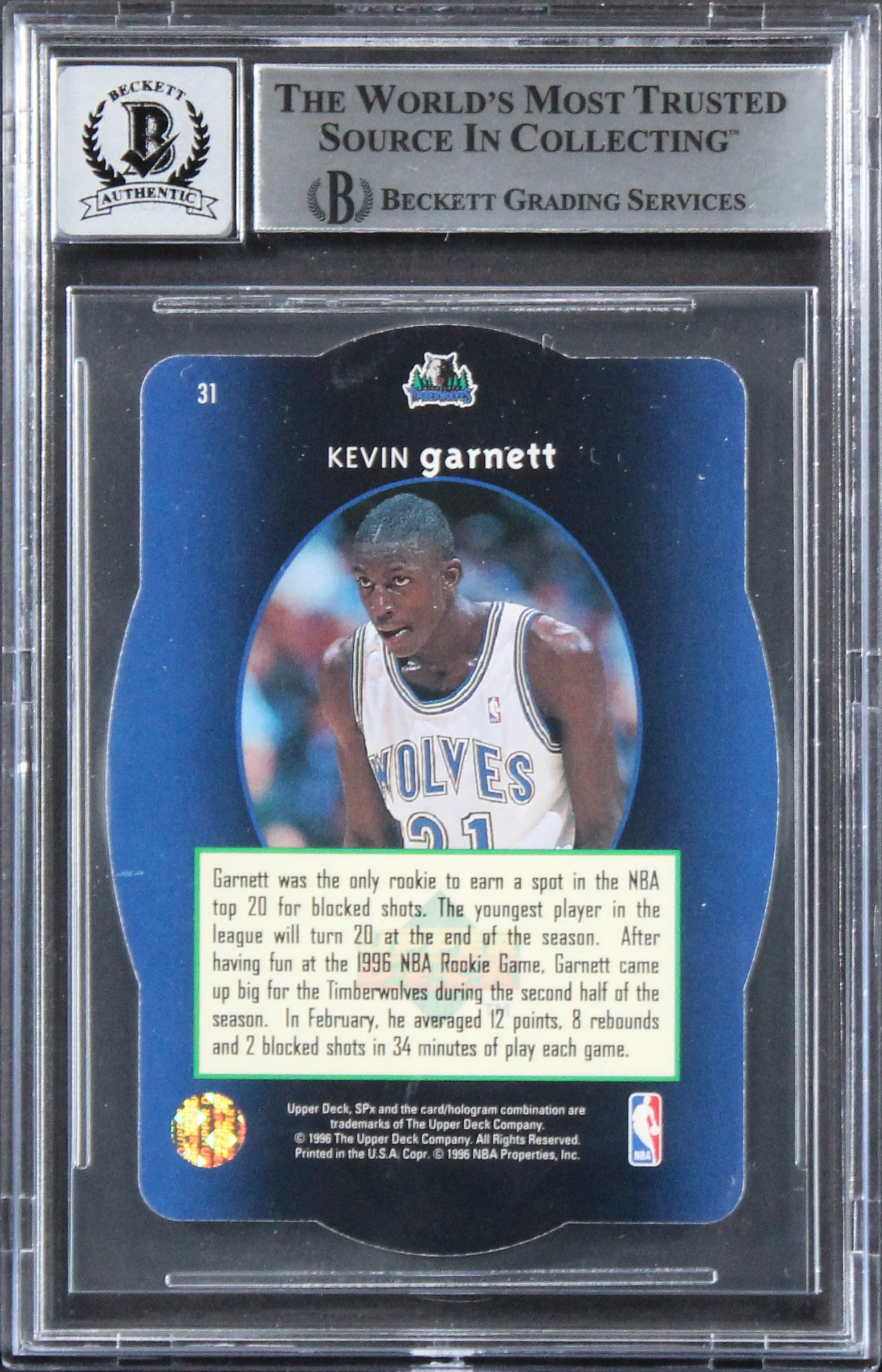 Timberwolves Kevin Garnett Signed 1996 SPX #31 Card Auto 10! BAS Slabbed - Image 3