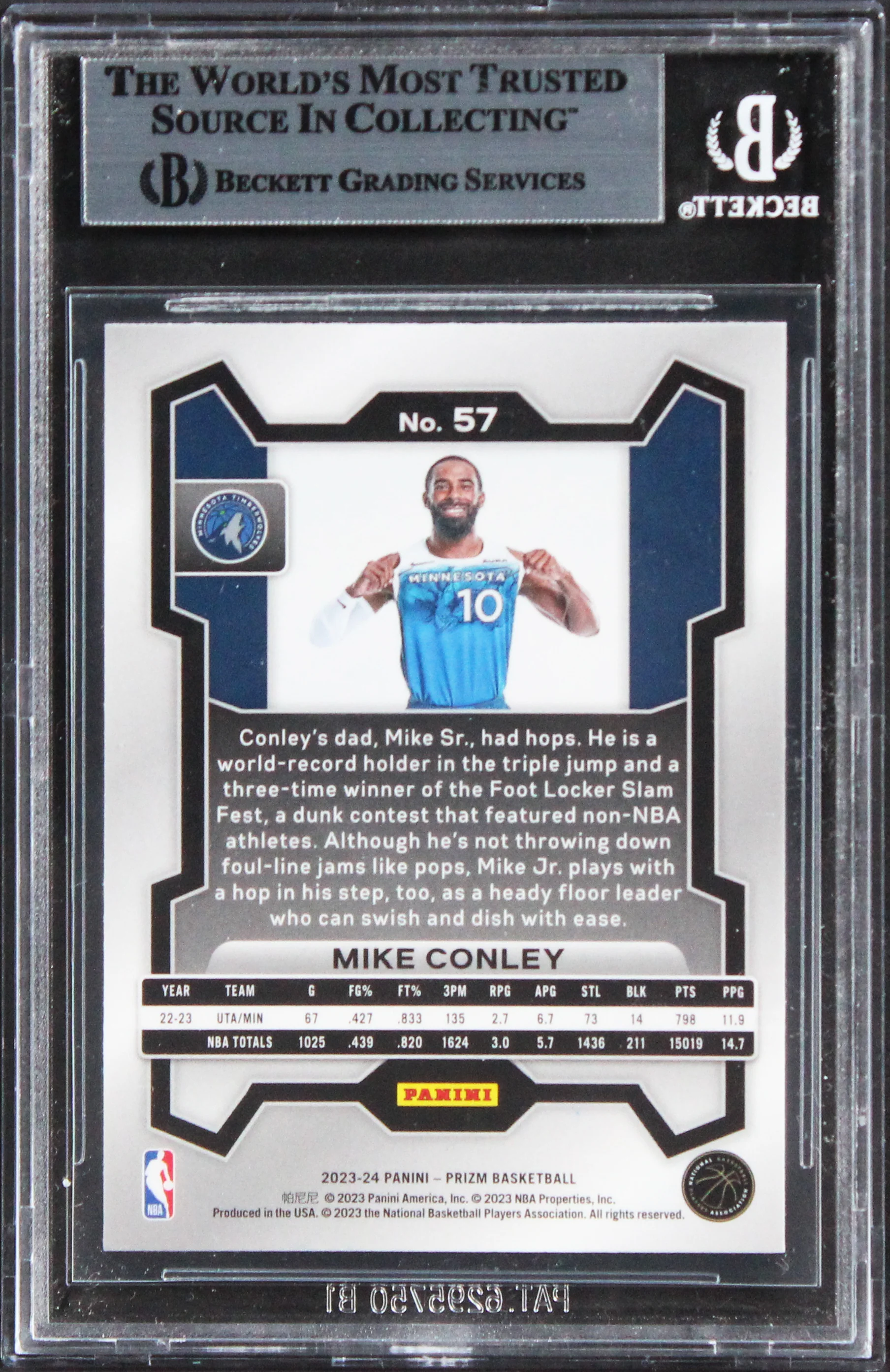 Timberwolves Mike Conley Authentic Signed 2023 Panini Prizm #57 Card BAS Slabbed - Image 3