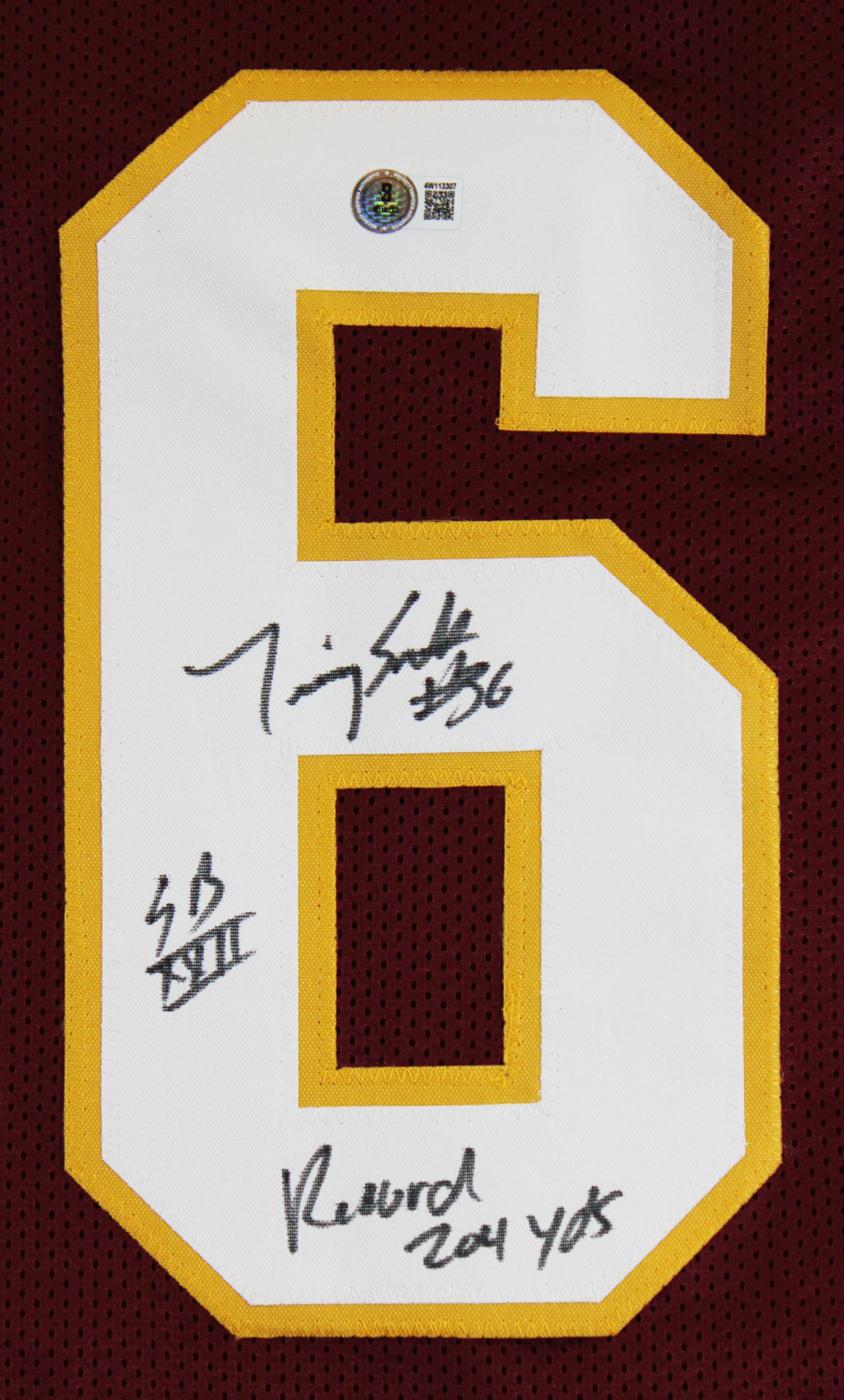 Timmy Smith "Record 204 Yards SB XXII" Signed Maroon Pro Style Jersey BAS Wit - Image 3