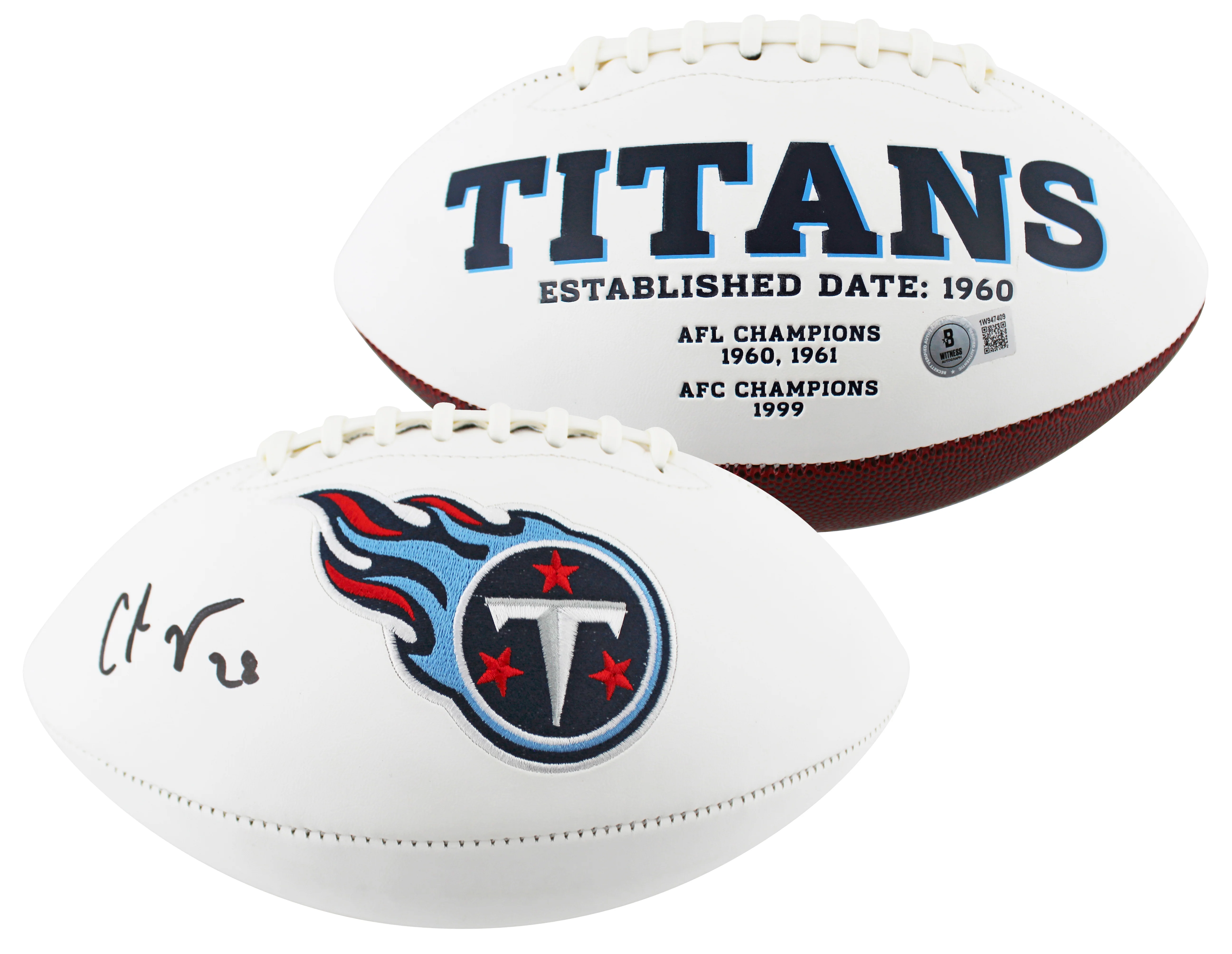Titans Chris Johnson Signed Rawlings White Panel Logo Football BAS Witnessed - Image 2