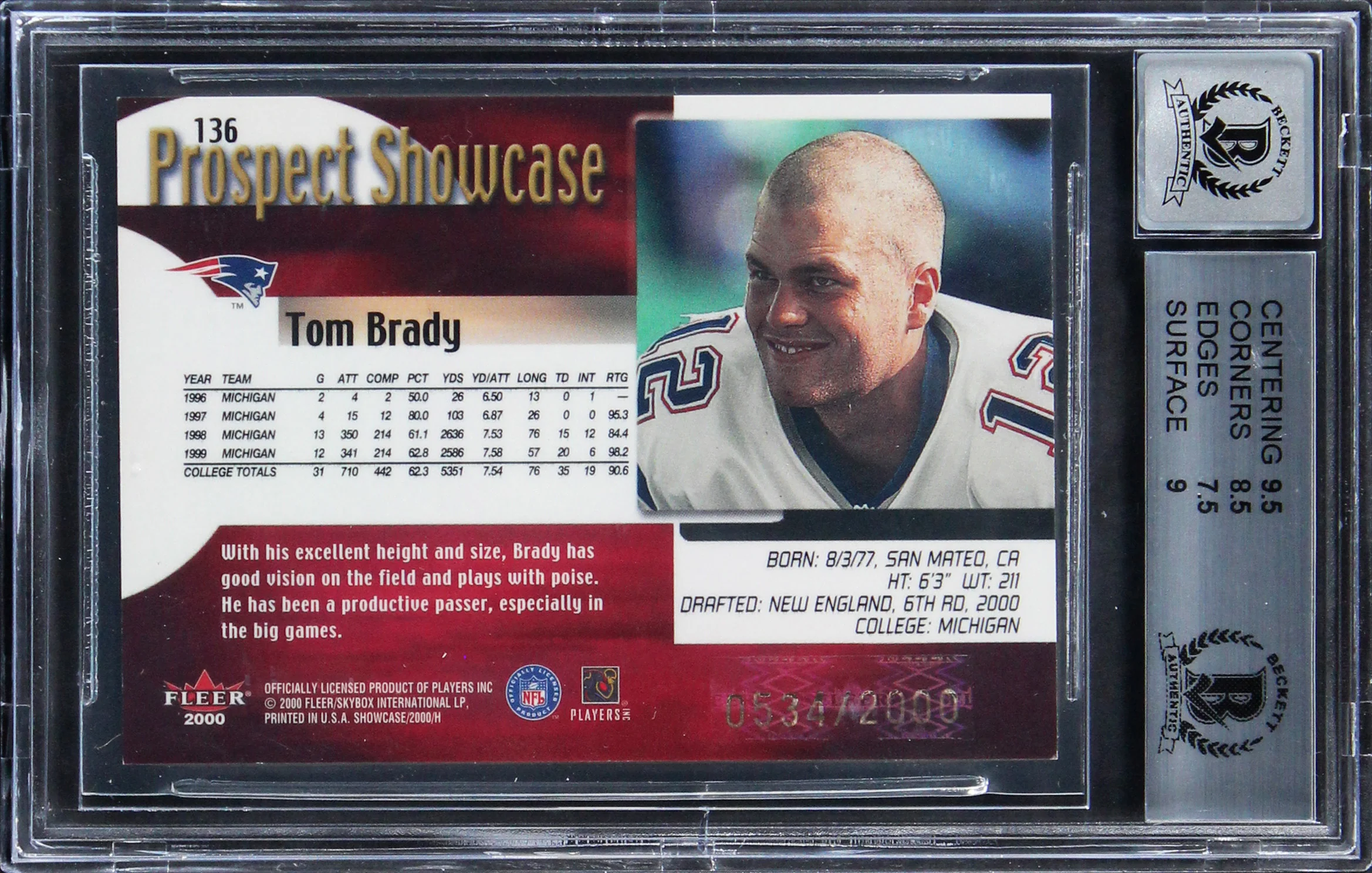 Tom Brady 5x SB MVP Signed 2000 Fleer Showcase #136 RC Card 8.5 Auto 10 BAS Slab - Image 3