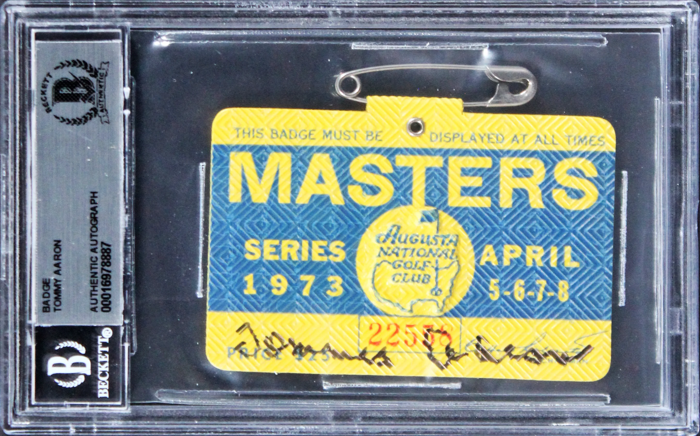Tommy Aaron Signed 1973 Masters Augusta National Club Badge Ticket BAS Slabbed - Image 2