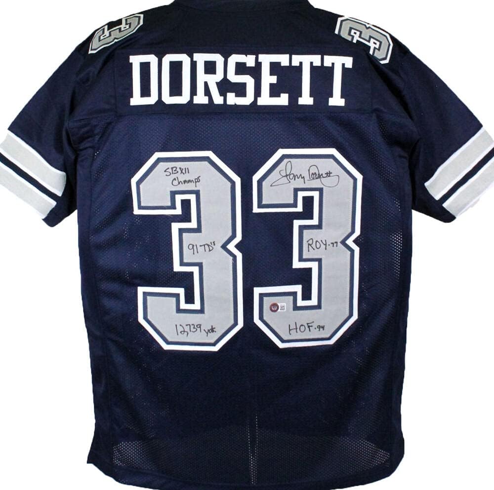 Tony Dorsett Autographed Blue Pro Style Jersey w/5 Stats- Beckett W Hologram - Image 6