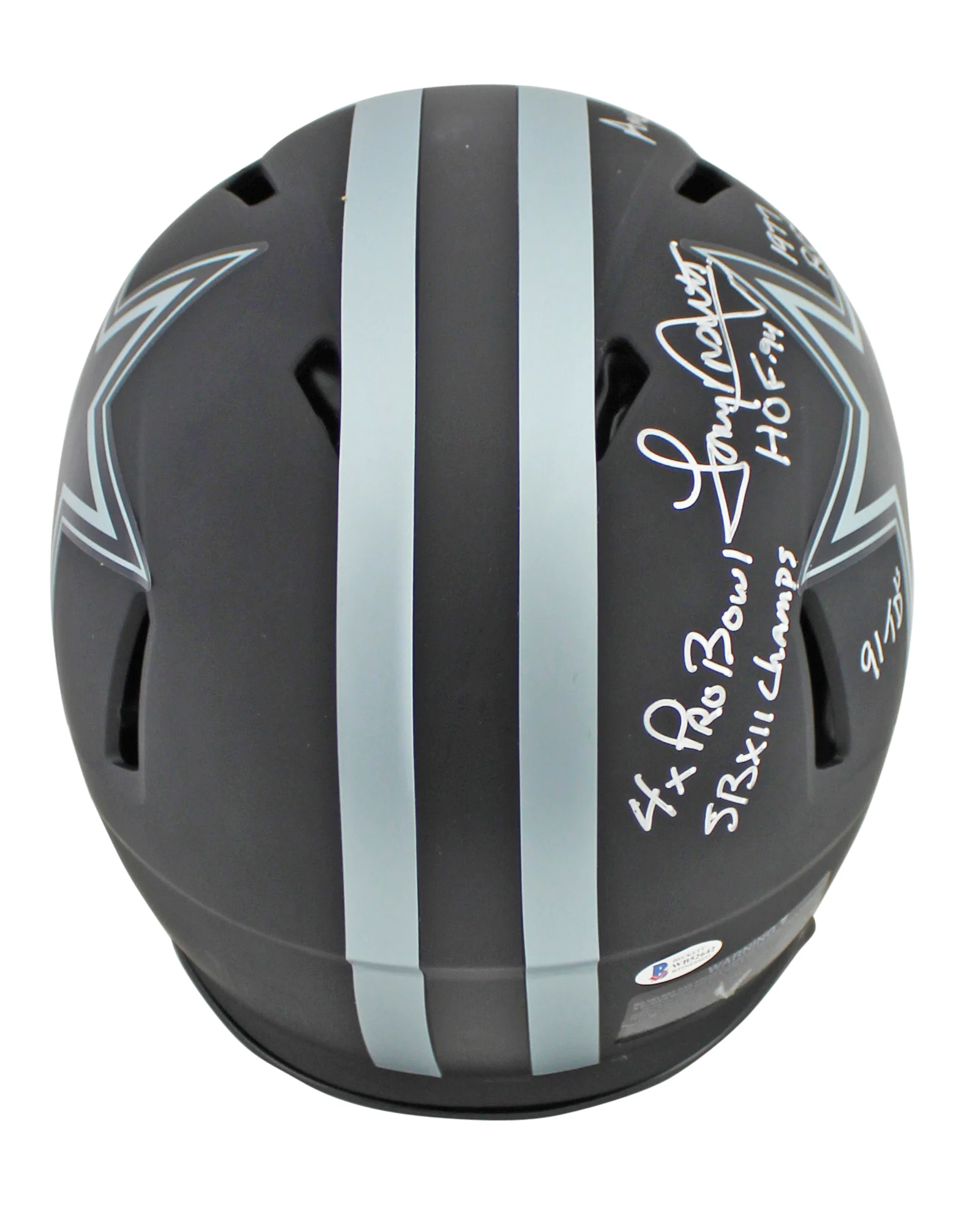 Tony Dorsett "Stat" Signed Proline Full Size Eclipse Speed Helmet Silver Sig BAS - Image 3