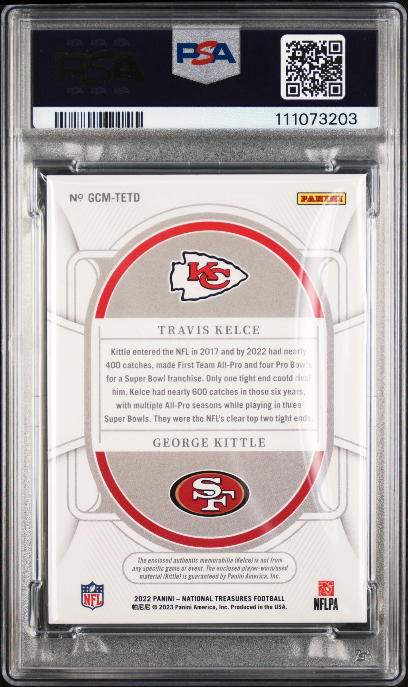 Travis Kelce & George Kittle Signed 2022 NT GC Mat #TETD Card Grade 9 PSA Slab 3 - Image 3