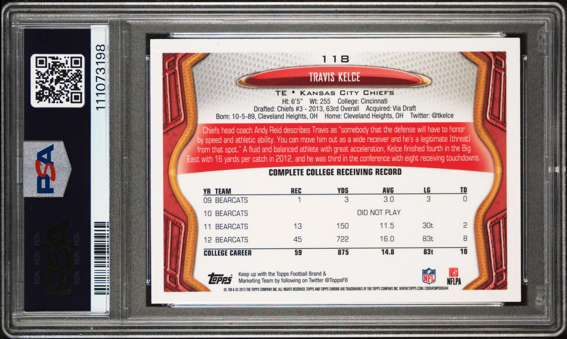 Travis Kelce Signed 2013 Topps Chrome #118 Rookie Card Grade 9 Auto 10! PSA Slab - Image 3