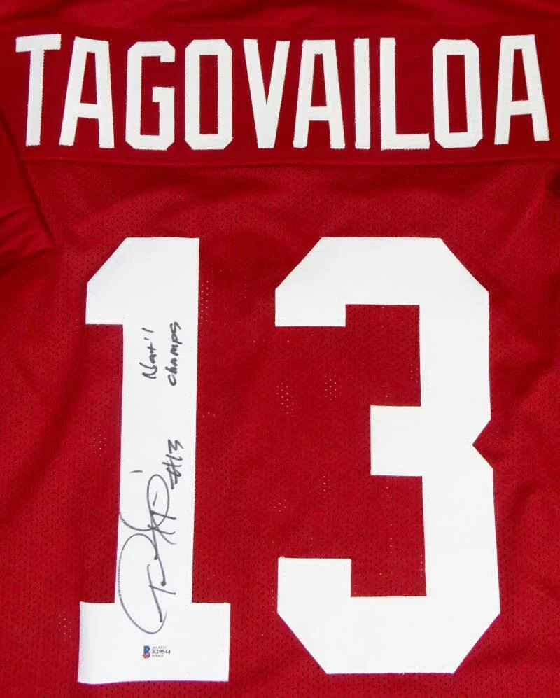 Tua Tagovailoa Signed Red College Style Jersey w/ Natl Champs- Beckett W Auth *1 - Image 2