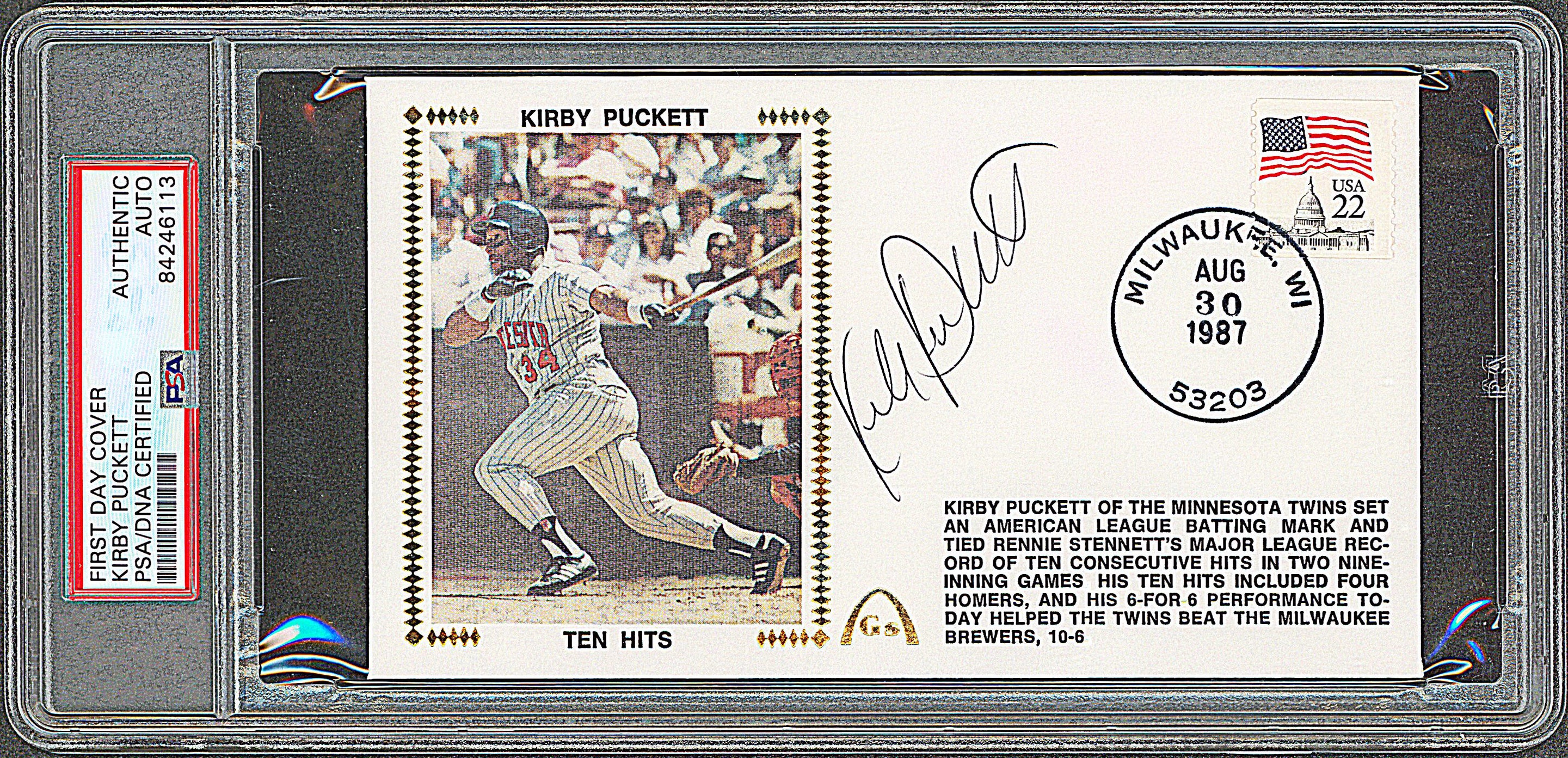 Twins Kirby Puckett Signed First Day Cover Postmarked August 30, 1987 PSA Slab - Image 2
