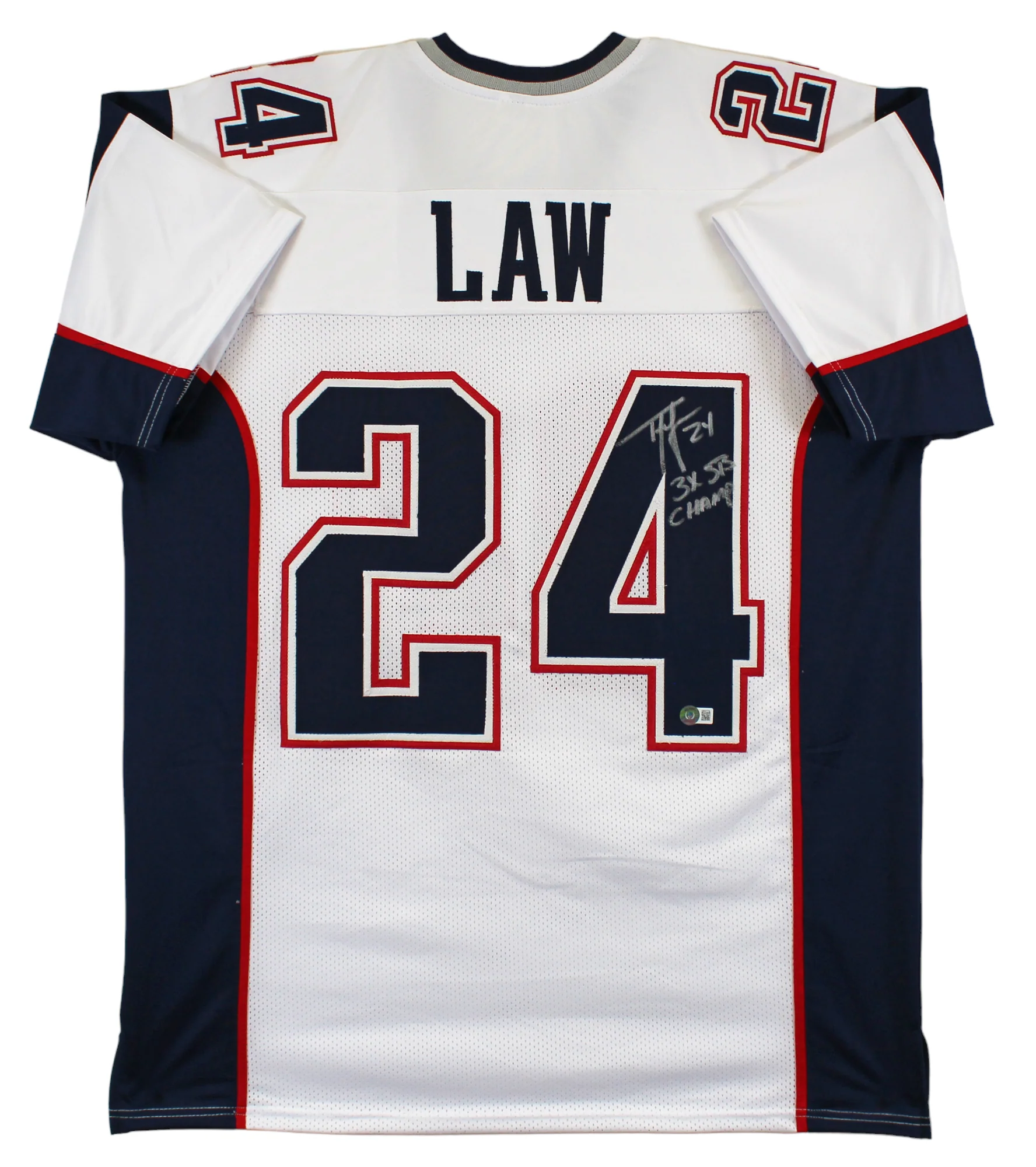Ty Law "3x SB Champ" Authentic Signed White Pro Style Jersey BAS Witnessed - Image 2