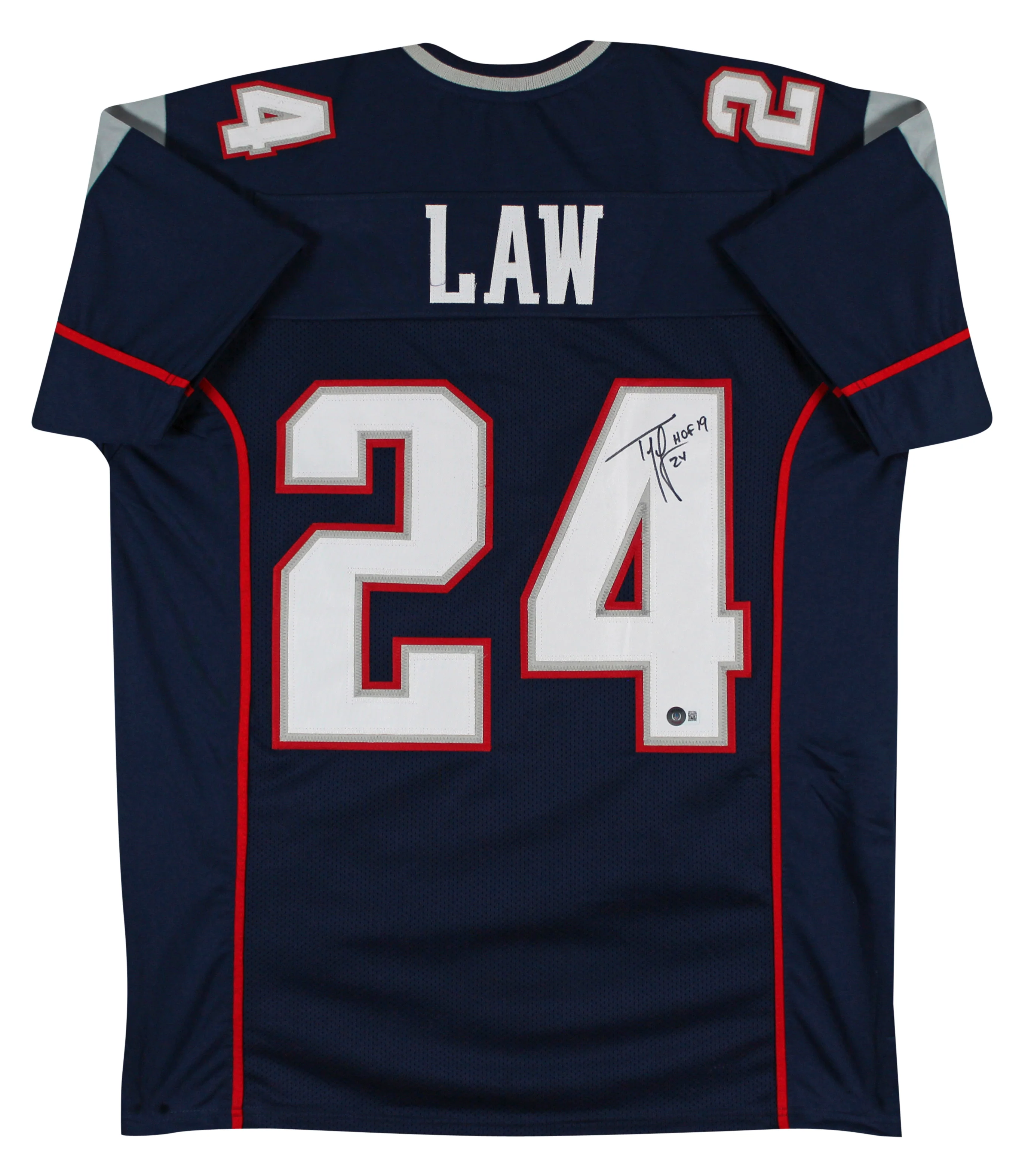 Ty Law "HOF 19" Signed Navy Blue Pro Style Jersey Autographed BAS Witnessed - Image 2
