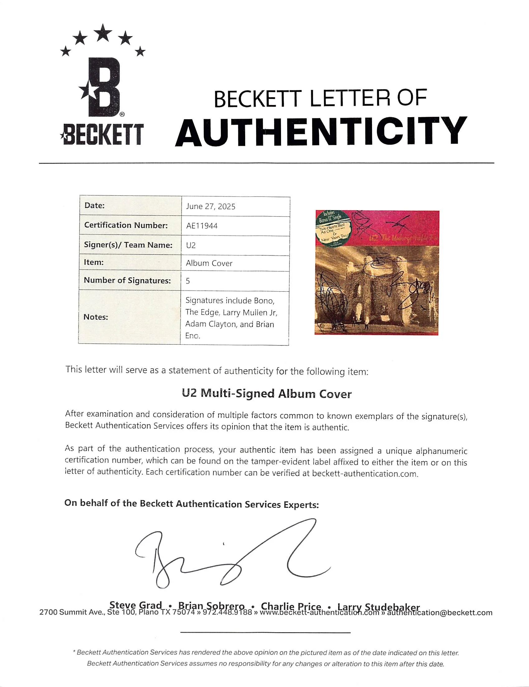 U2 (5) Bono, Edge, Mullen, Clayton & Eno Signed Album Cover w Vinyl BAS #AE11944 - Image 8