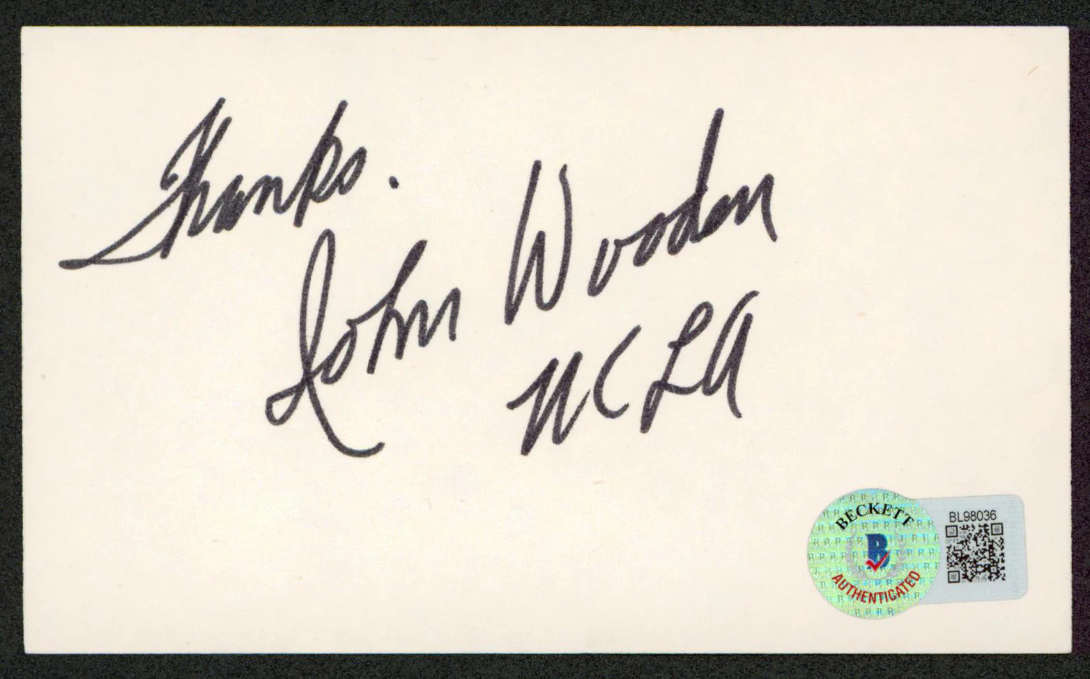 UCLA John Wooden "Thanks" Authentic Signed 3x5 Index Card BAS #BL98036 - Image 2