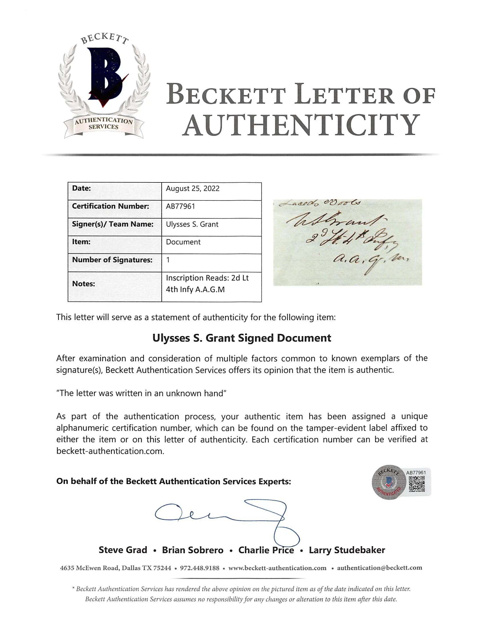 Ulysses S. Grant "4th Infy A.A.G.M." Authentic Signed 4x8 Document BAS #AB77961 - Image 4