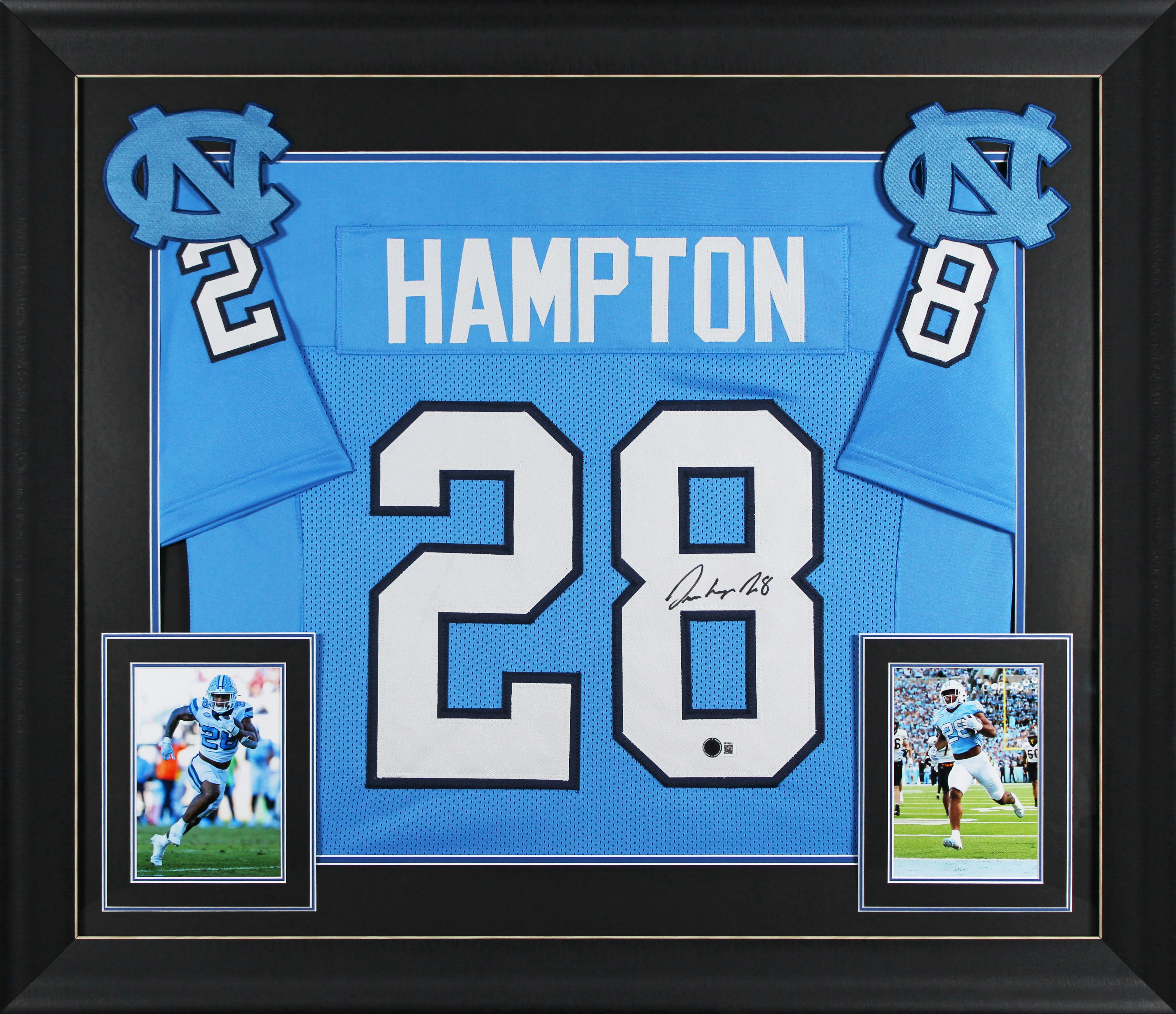 UNC Omarion Hampton Signed Carolina Blue Pro Style Framed Jersey BAS Witnessed - Image 2