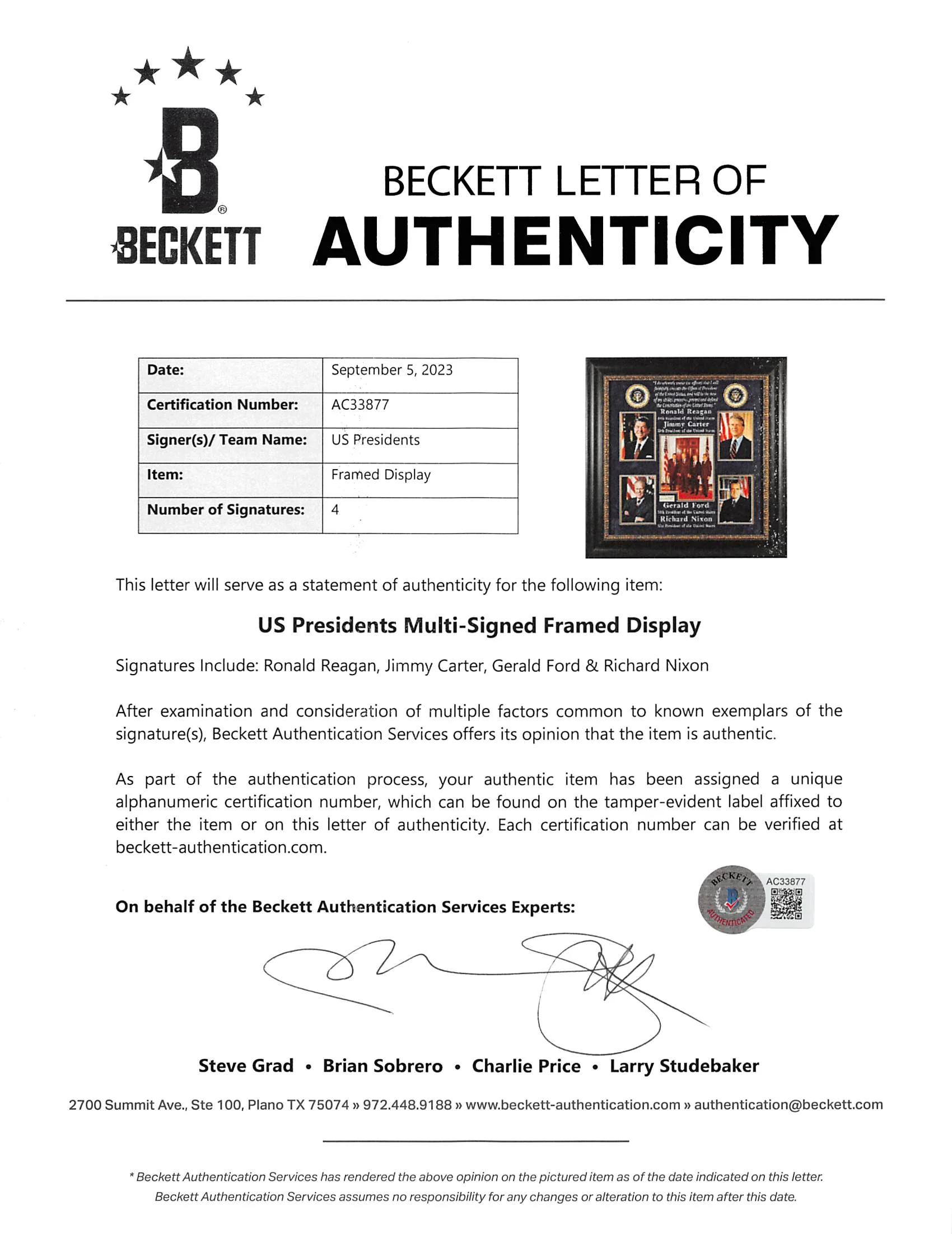 US Presidents (4) Reagan, Carter, Ford & Nixon Signed Framed Display BAS - Image 5