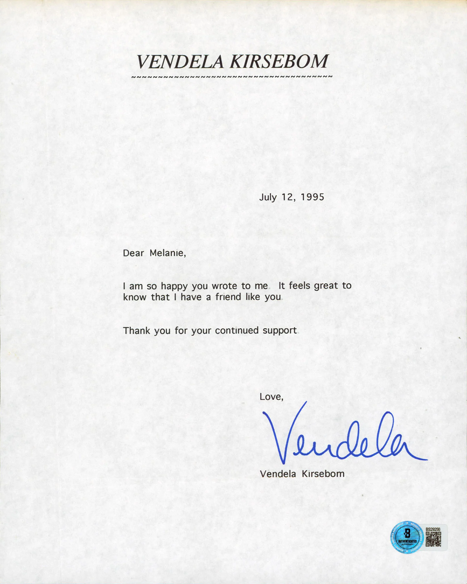 Vendela Kirsebom Supermodel Authentic Signed 8.5x11 Letter BAS #BS29256 - Image 2