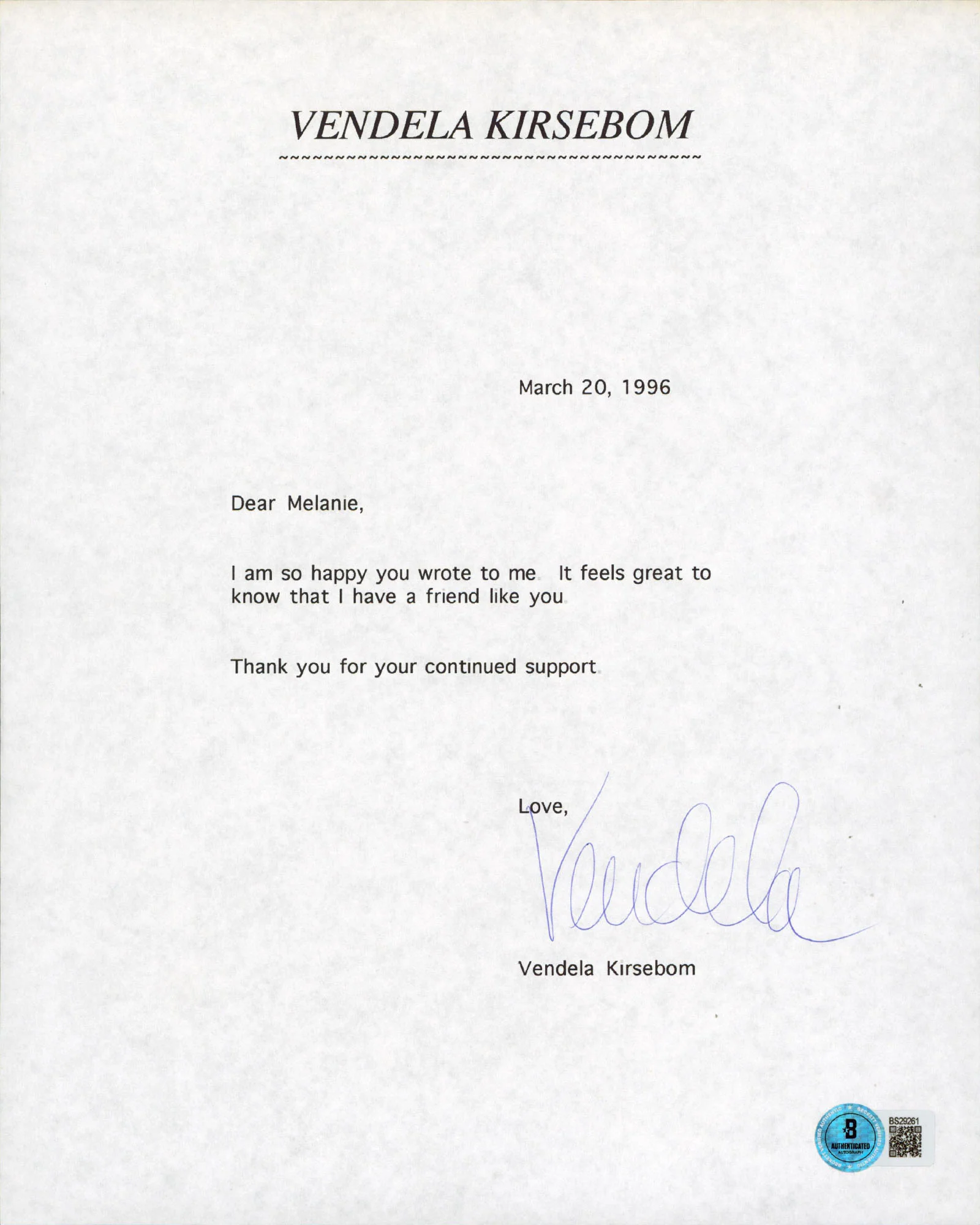 Vendela Kirsebom Supermodel Authentic Signed 8.5x11 Letter BAS #BS29261 - Image 2