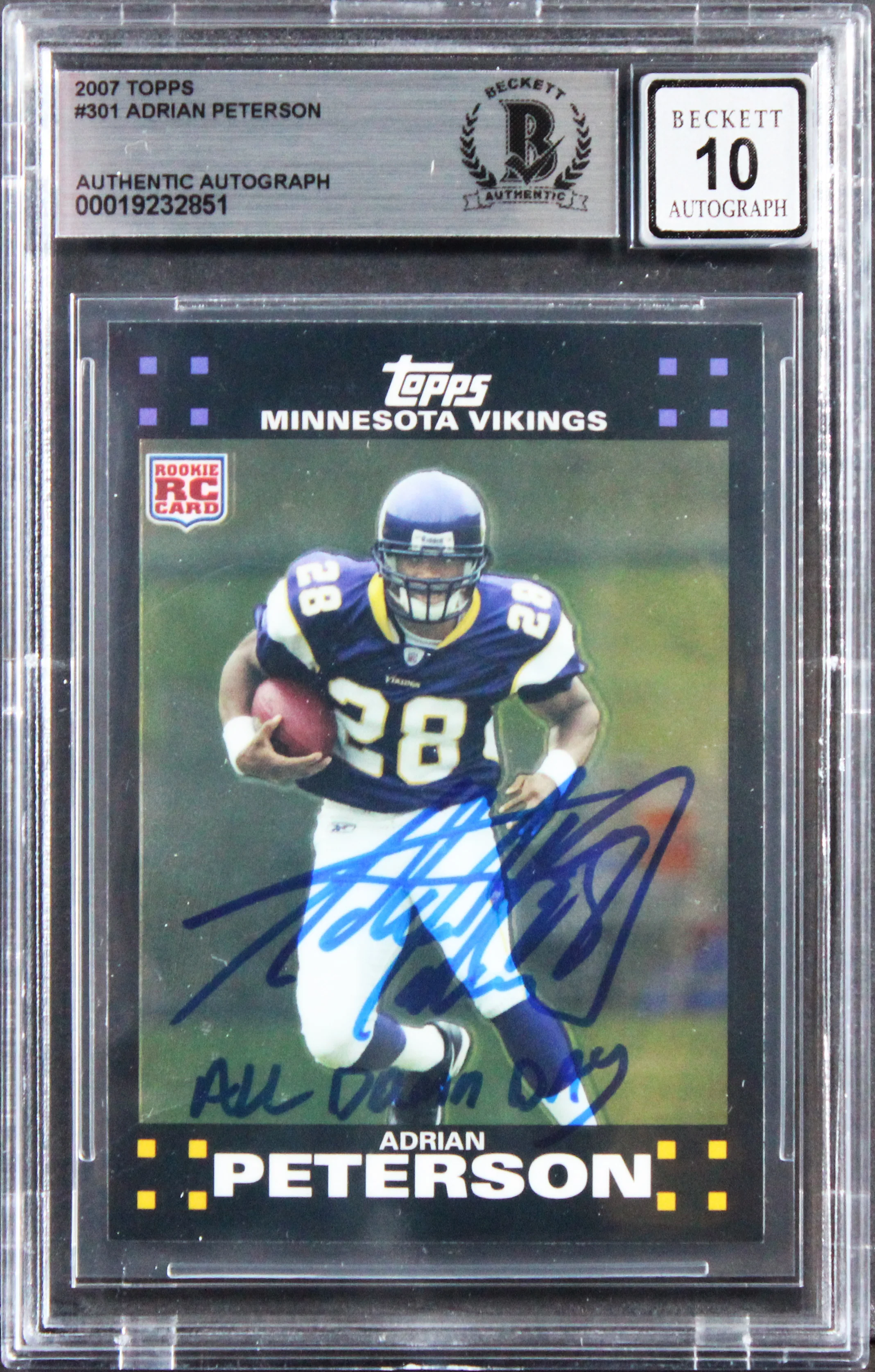 Vikings Adrian Peterson "ADD" Signed 2007 Topps #301 RC Card Auto 10! BAS Slab - Image 2