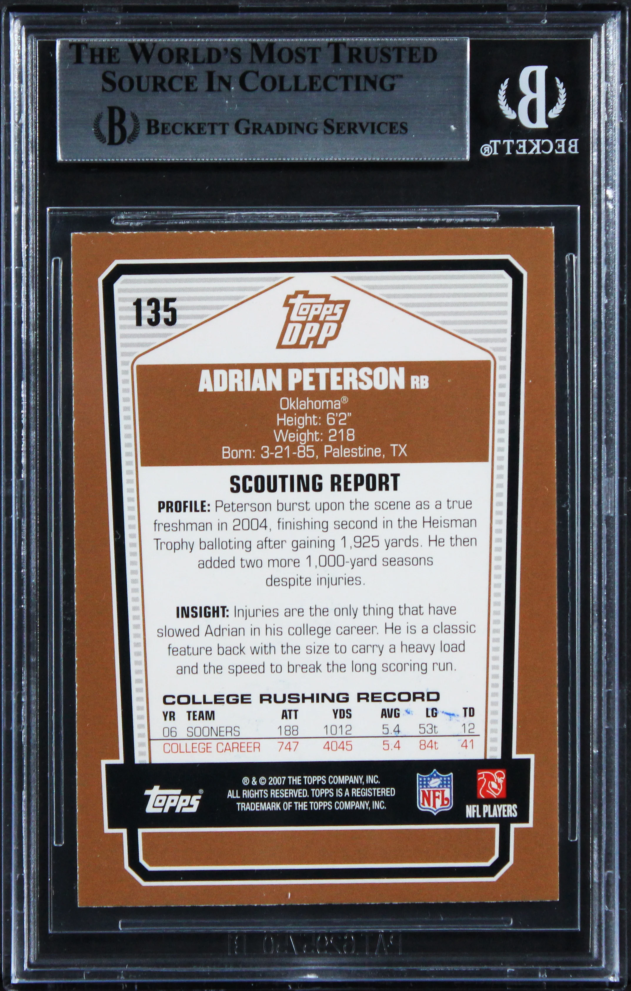 Vikings Adrian Peterson Signed 2007 Topps DPP #135 Rookie Card BAS Slabbed - Image 3