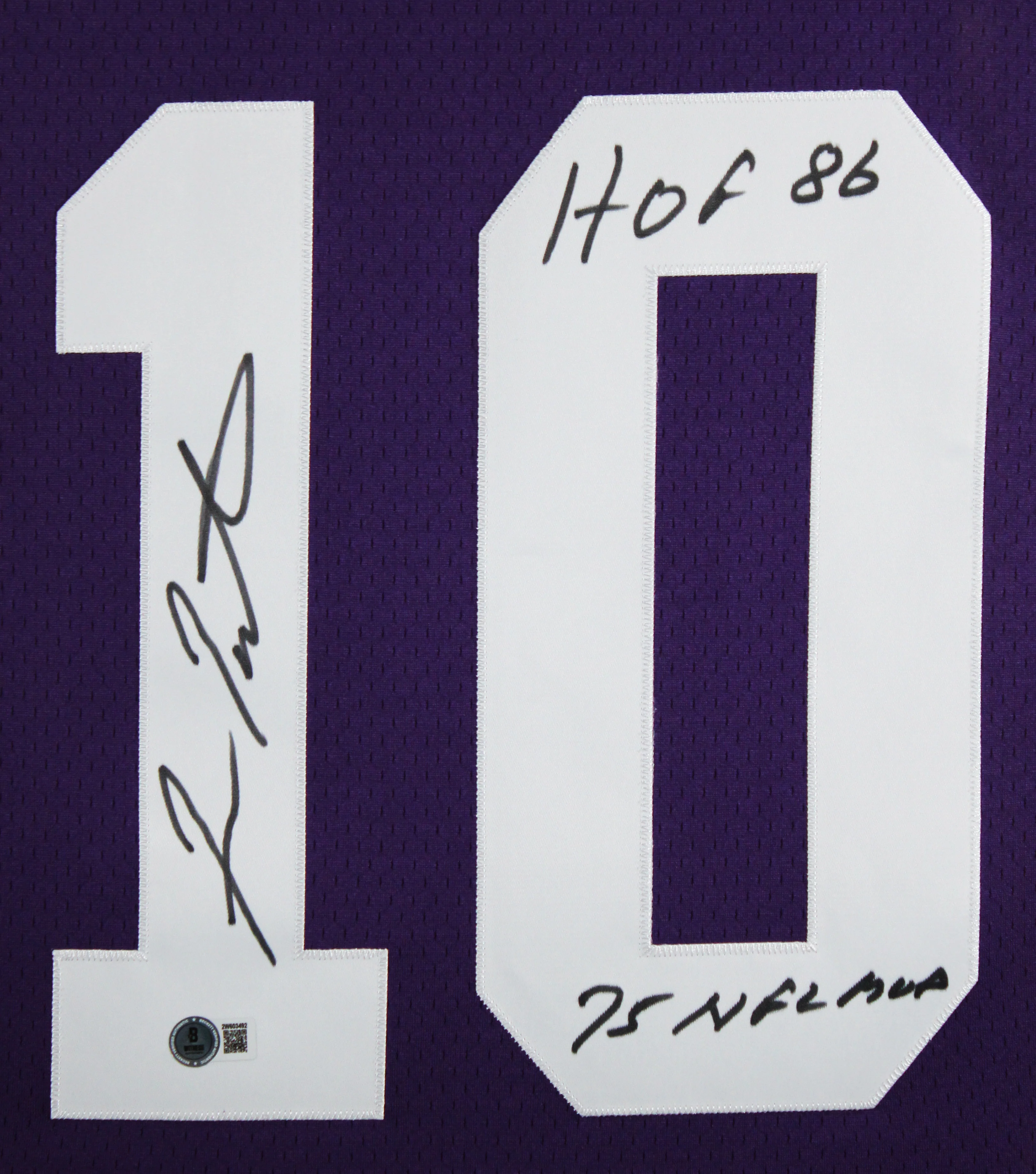 Vikings Fran Tarkenton "2x Insc" Signed Purple M&N TB Framed Jersey BAS Witness - Image 3
